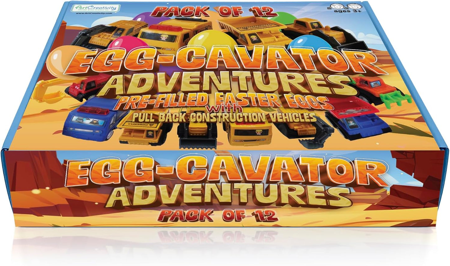 ArtCreativity Pre Filled Easter Eggs with Plastic Vehicles Inside - 12 Colorful Surprise Eggs for Kids with Pullback Construction Truck Toys - Easter Hunt Supplies - Basket Stuffers