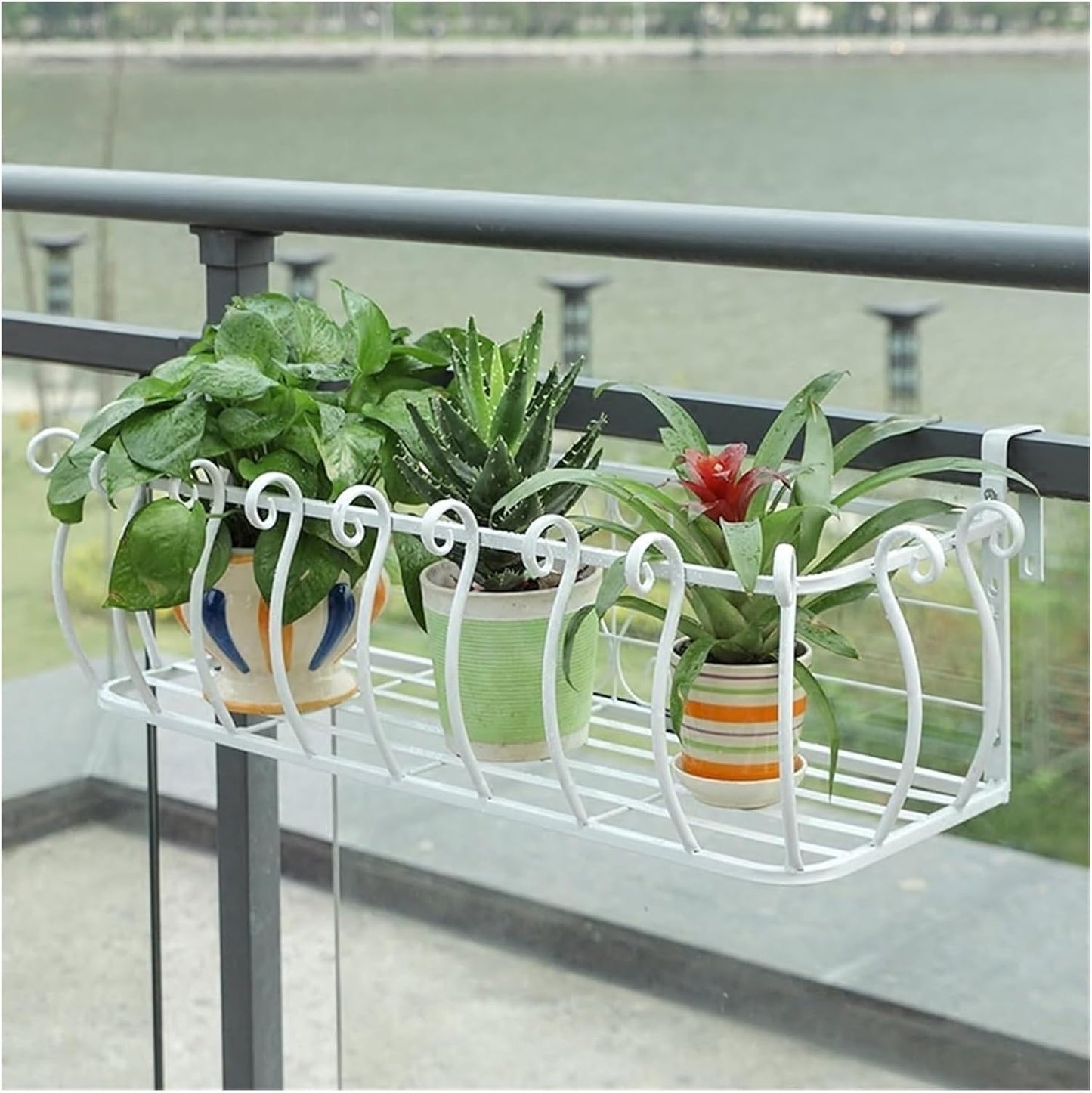 Wall-Mounted Railing Planter, Iron Fence Planters for Potted Plants & Succulents, Balcony Window Sill Flower Stand, Decorative White (100x28x22cm)
