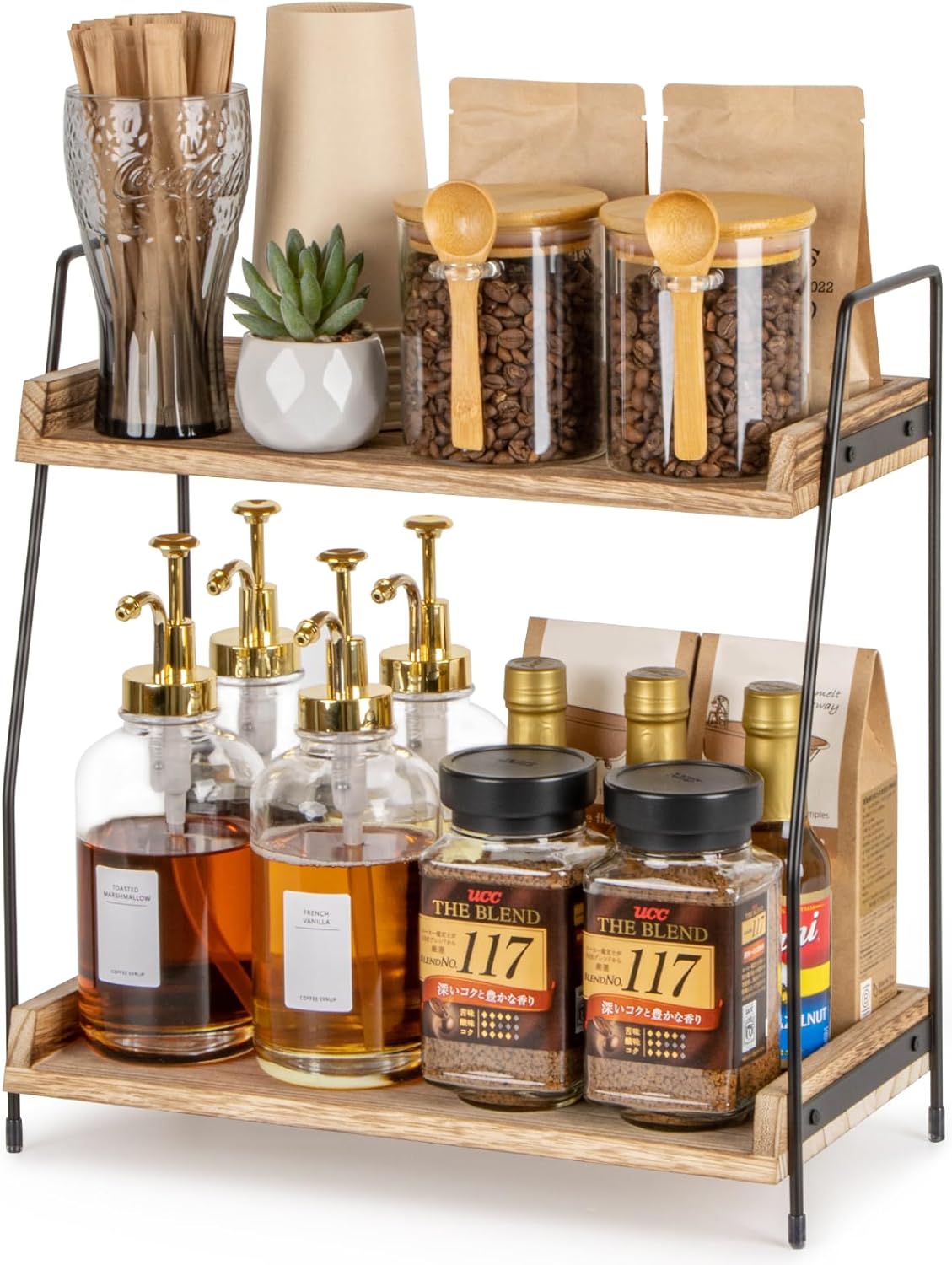 Countertop Coffee Station Organizer, 2 Tier Wooden Shelf for Coffee Ba