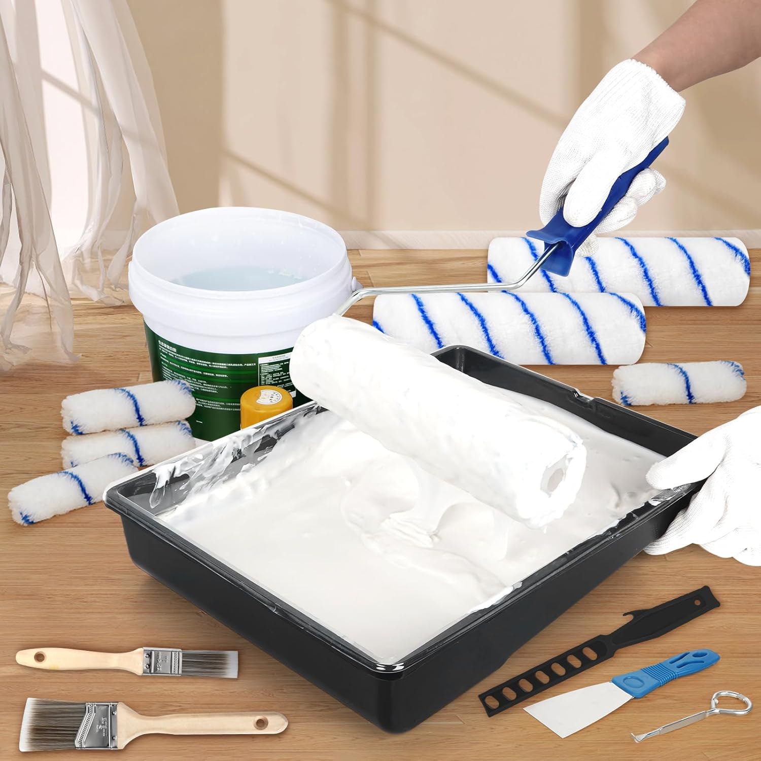 Paint Roller Kit with Extension Pole, 27 Piece Set, 2 to 4 Ft Pole, 4"