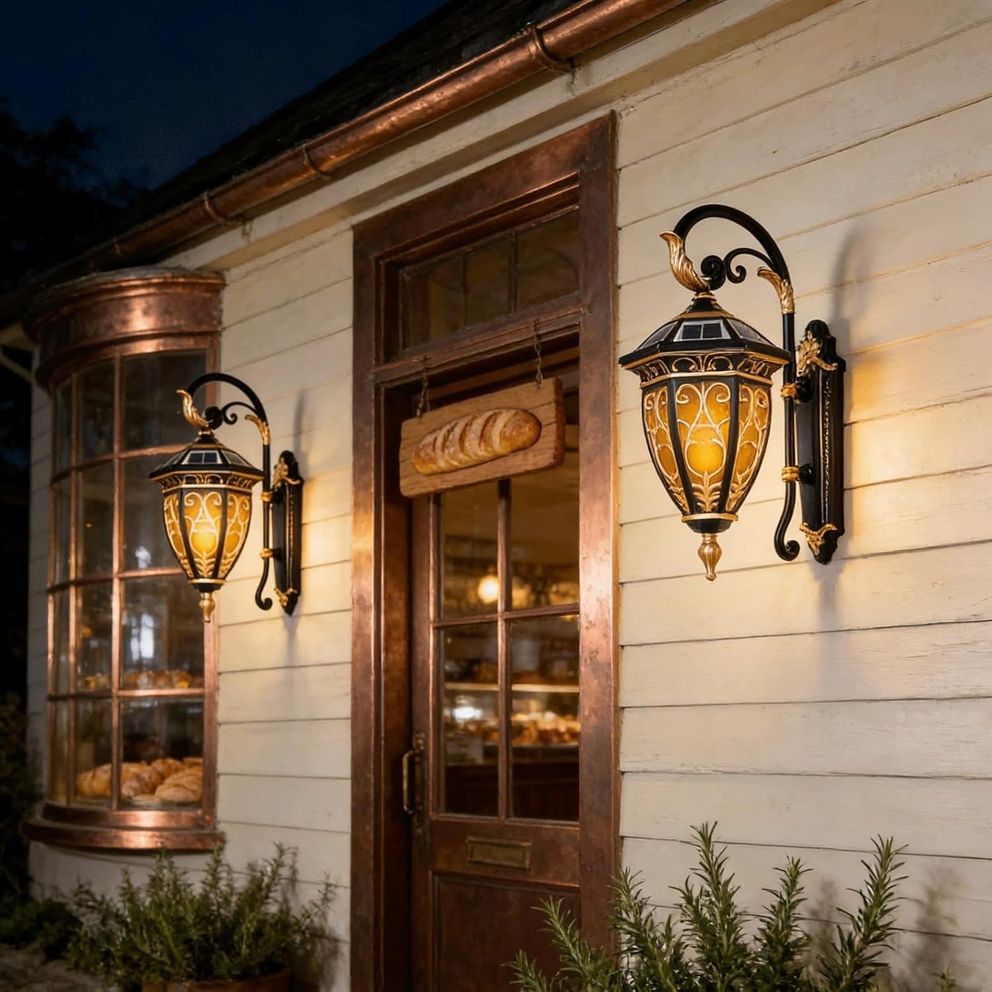 Solar Outdoor Wall Light, Exterior LED Wall Sconce Lantern, 20.5" Dusk to Dawn Waterproof Die-cast Aluminum Ornate Filigree, Vintage Porch Lamp for Garden Villa Patio Front Door Entryway