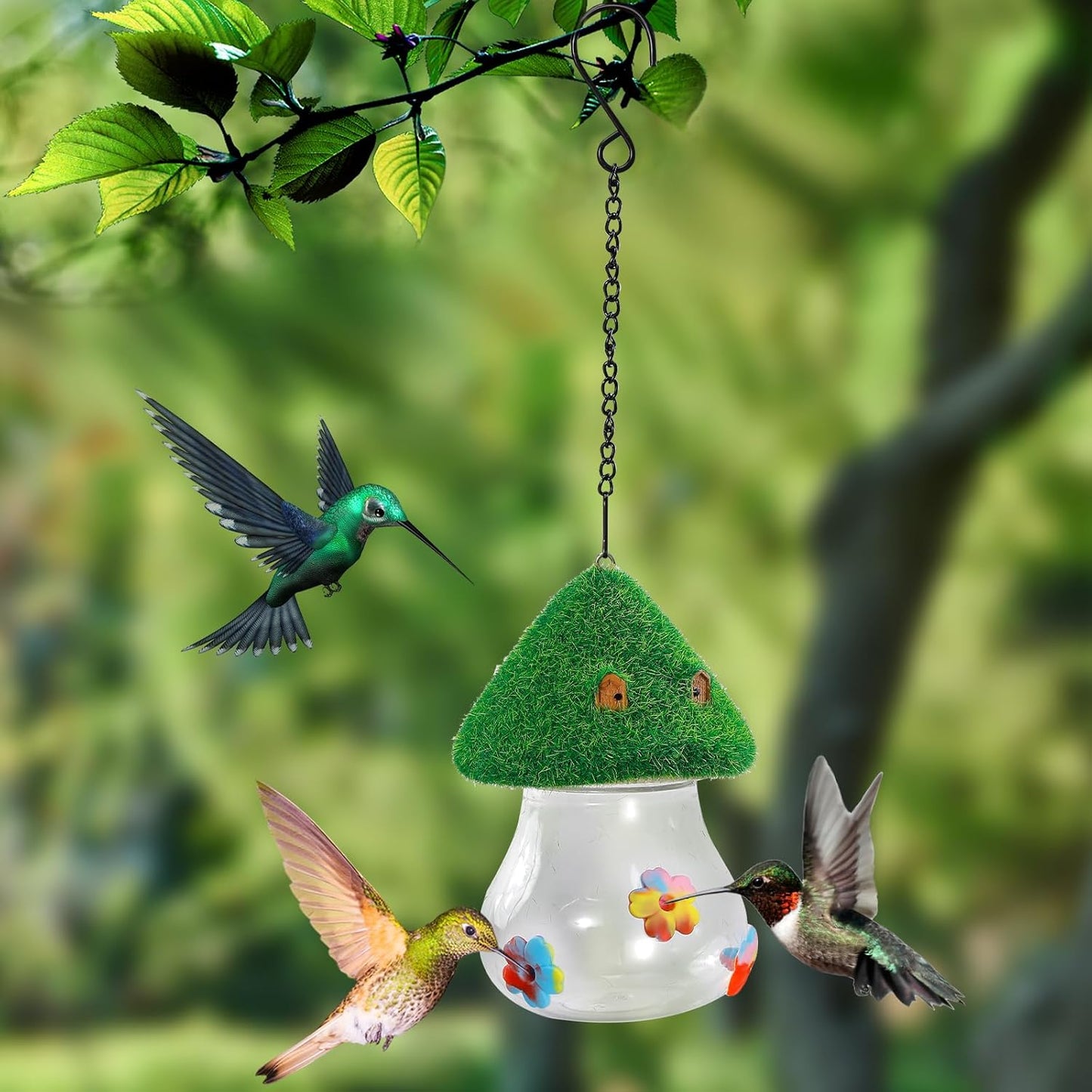 Hummingbird Feeders for Outdoors Hanging - Mushroom House Shape Bird Drinker, Water Resistant Leak Proof,Garden Birds Watching Patio Decoration with 3 Silicone Flower Feeding Ports (Tie dye Flower)