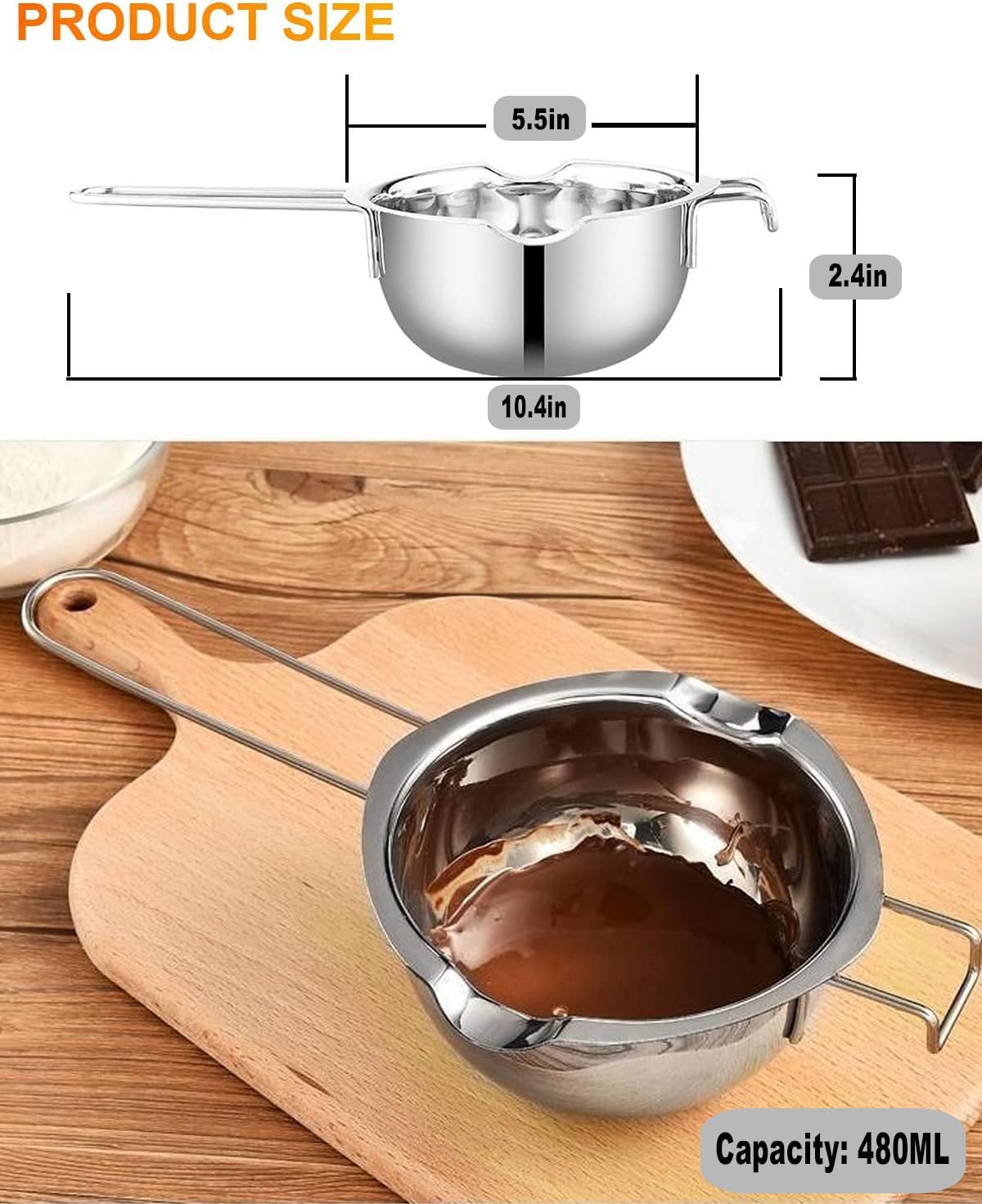 Stainless Steel Double Boiler Pot for Melting Chocolate, Candy and Candle Making (18/8 Steel, 2 Cup Capacity, 480ML)