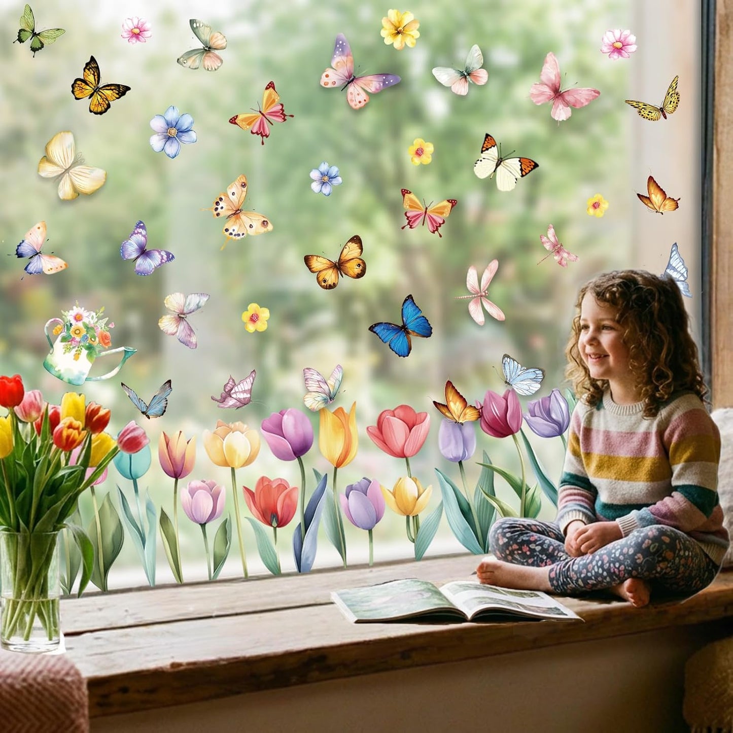 9 Sheets Spring Window Clings Decor, Flower Butterfly Window Stickers, Tulip Floral Decals for Summer, Easter, Spring Decorations for Home, Office, Classroom