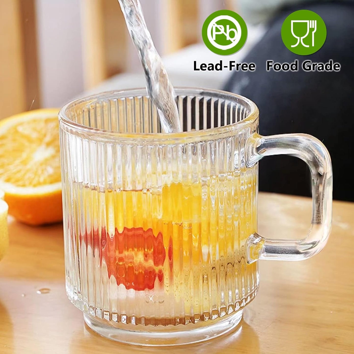 6 PACK Premium Glass Coffee Mugs with Handle, 12 OZ Classic Vertical S