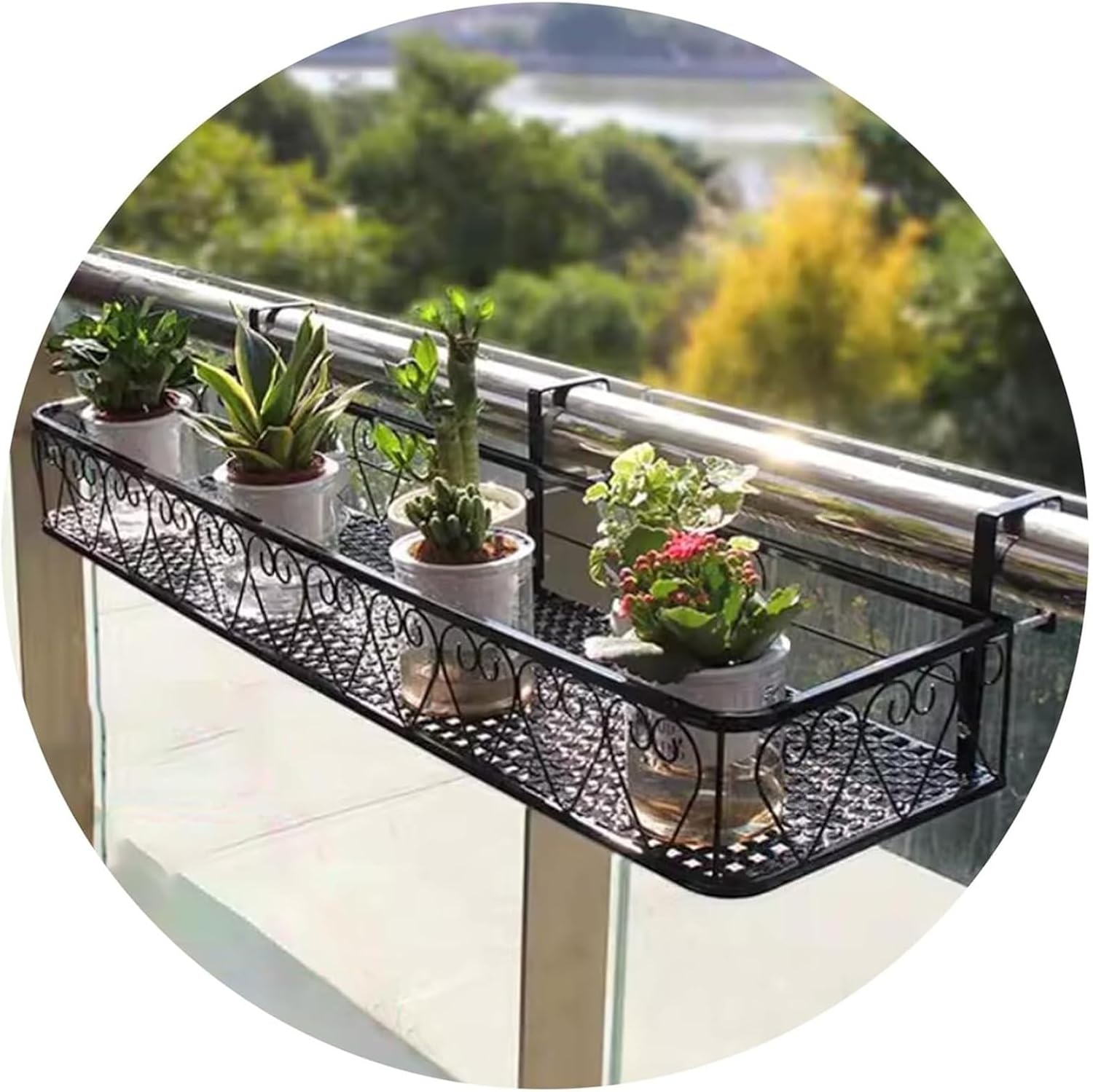 Black and White Railing Planter - Iron Hanging Flower Pot for Balcony,