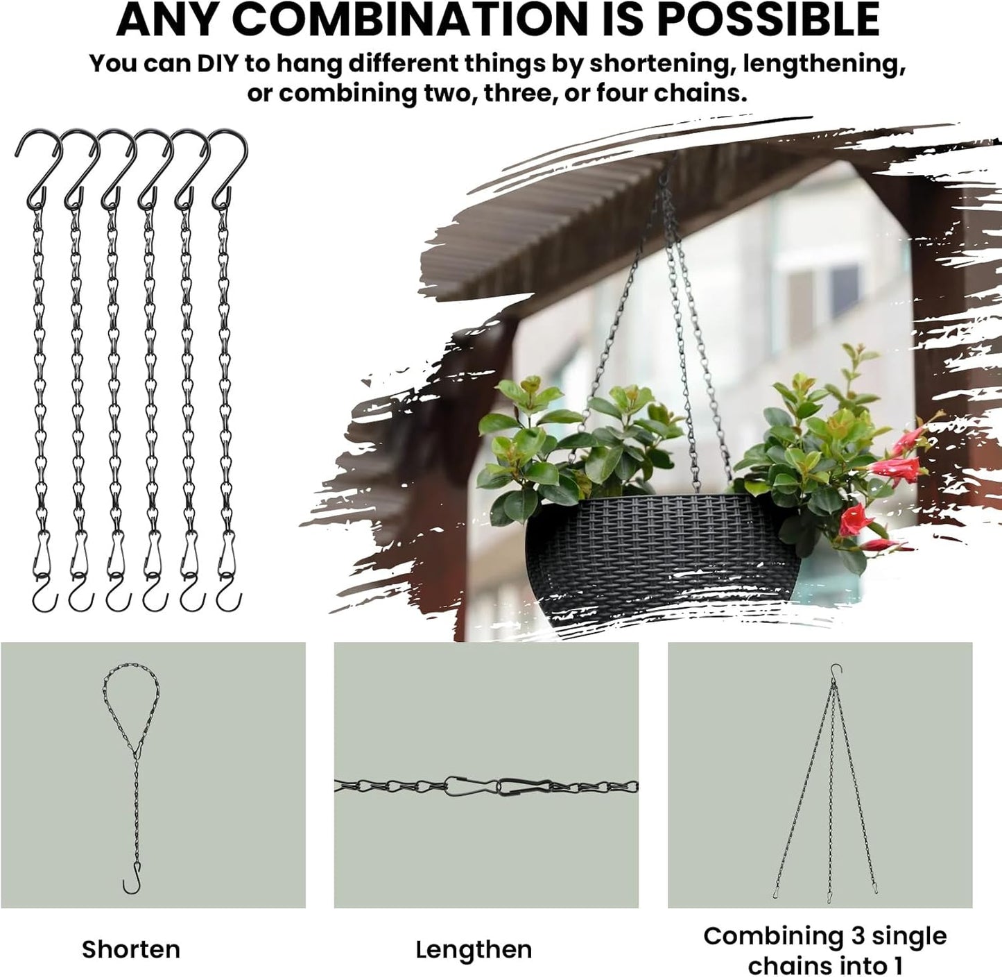 Black Chain for Hanging Plants, 6 PCS Small Chain for Hanging Basket, 24.5IN Hanging Chains with Hooks, Adjustable Plant Chain, Decorative Metal Hanging Basket Chain for Planter, Bird Feeder, Sign