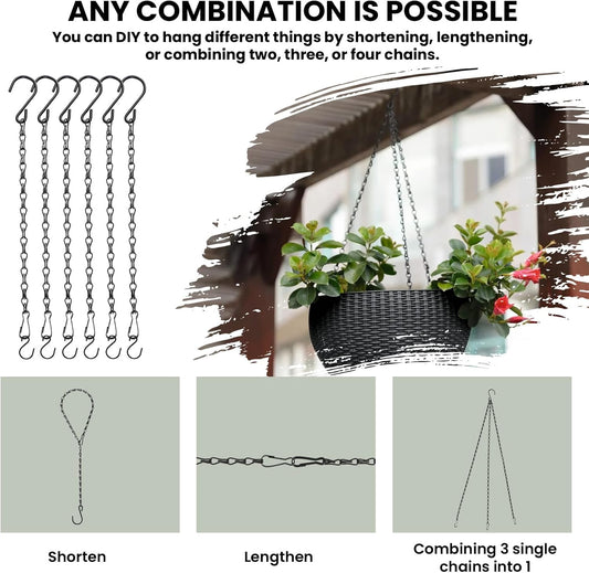 Black Chain for Hanging Plants, 6 PCS Small Chain for Hanging Basket, 24.5IN Hanging Chains with Hooks, Adjustable Plant Chain, Decorative Metal Hanging Basket Chain for Planter, Bird Feeder, Sign