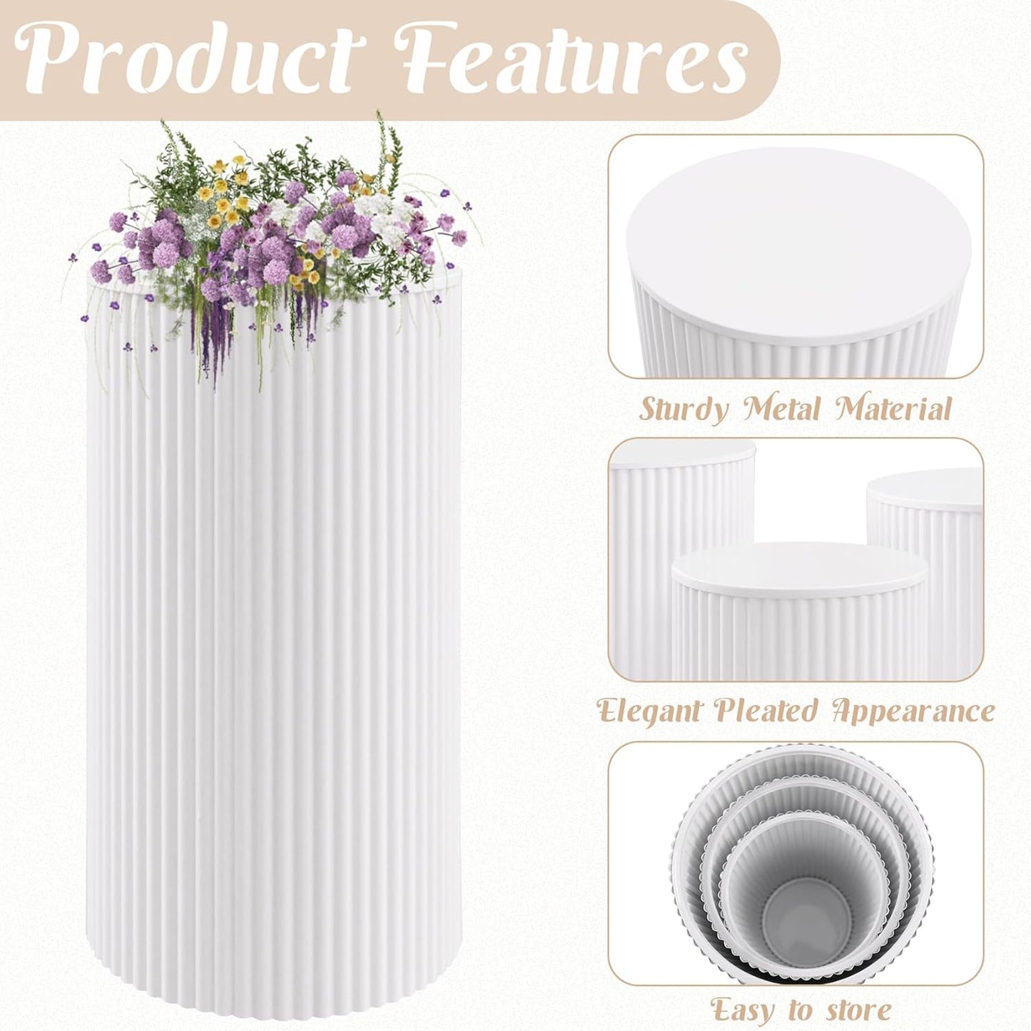 Metal Pleated Cylinder Pedestal Stands for Party, 3 Pieces Heavy Duty Round Cake Pedestal Stand Display Plinth Pillars Art Decor for Wedding Ceremony Birthday Party（Small, White）