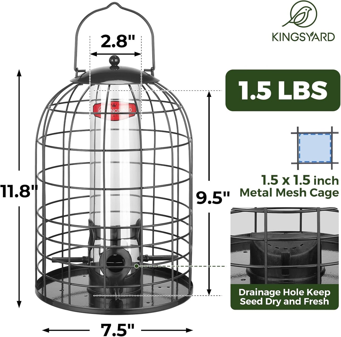 Kingsyard Metal Bird Feeder for Outdoors, Squirrel Proof Caged Tube Feeders Hanging Green, Wild Small Birds Rainproof Station for Garden Yard Seed Easy Clean, Black