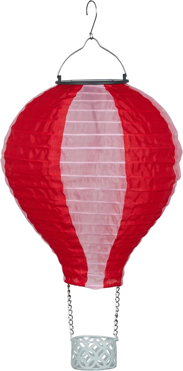 Alpine Corporation QLP1566SLR-RDPK Solar-Powered Cloth Hot Air Balloon with Flame LED Lights, LED Solar Décor, 13" H, Red