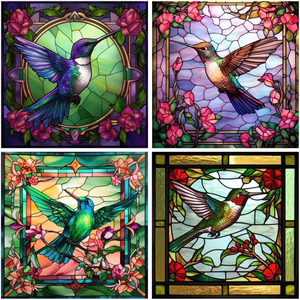 4 Stained Glass Anti-Collision Hummingbird Window Clings Decals - Removable Non Adhesive Vinyl Decals