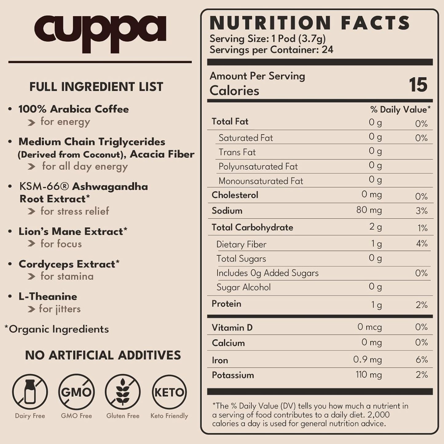 Cuppa Medium Roast Mushroom Coffee with Adaptogens & Superfoods - Lion’s Mane, Ashwagandha & Cordyceps. Adaptogens + MCT to support natural energy, mental focus & gut health (24 Servings)