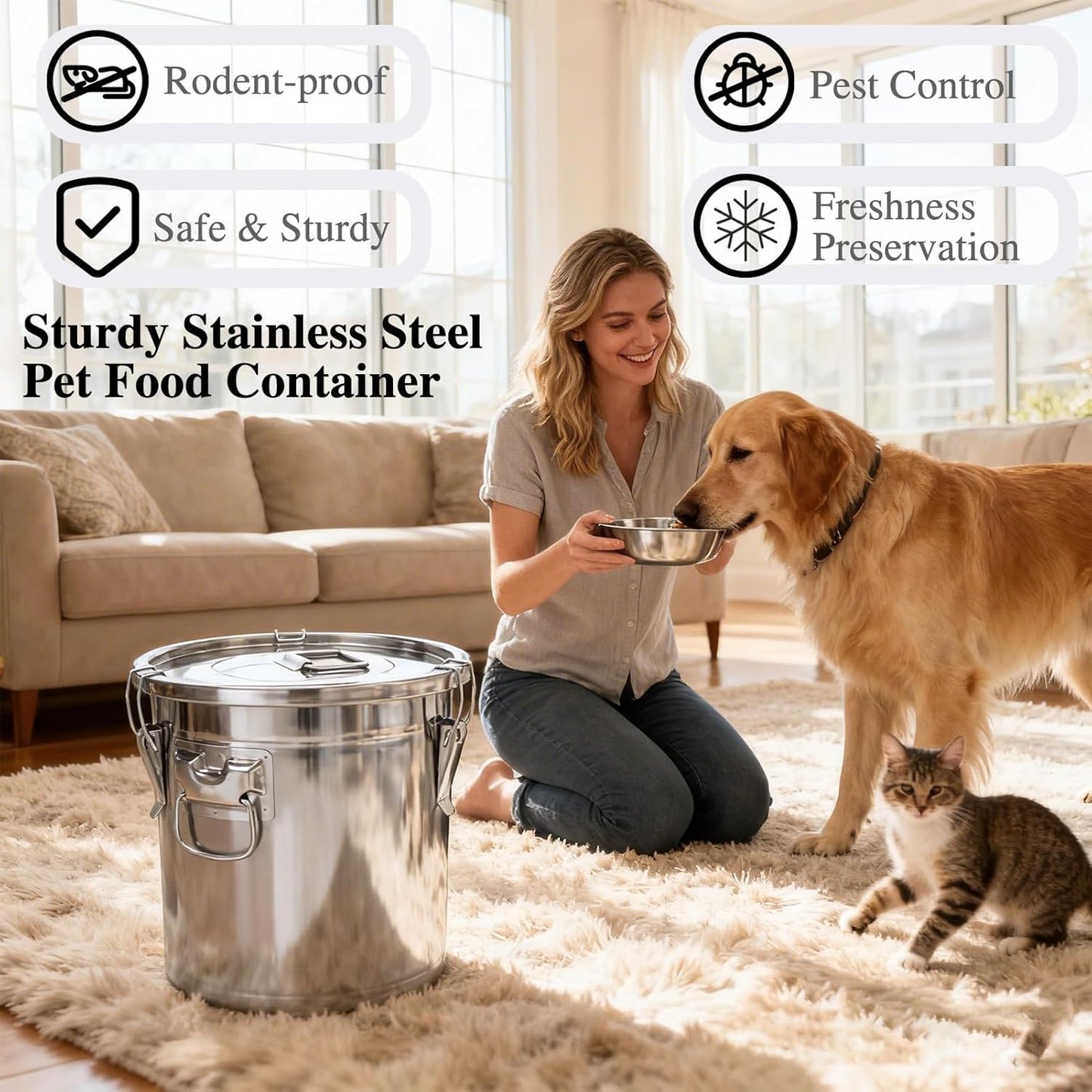 20 Lbs Stainless Steel Dog Food Storage Containers with Airtight Lid and Locking Clamp, Large Metal Dog Food Bin, Pet Food Storage Container for Dogs, Cats & Birds, Keep Fresh