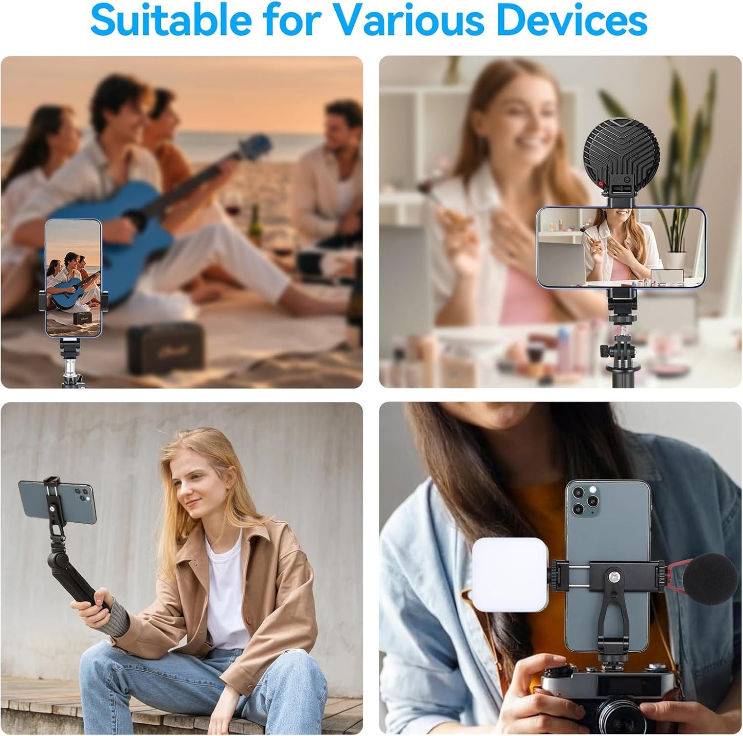 UTEBIT Universal Phone Tripod Mount with Cold Shoe Mount, 1/4" Thread 180° Tilt 360° Rotation Support Vertical and Horizontal, Adjustable Phone Clamp Holder for iPhone 17 16 15 14, for Samsung Galaxy