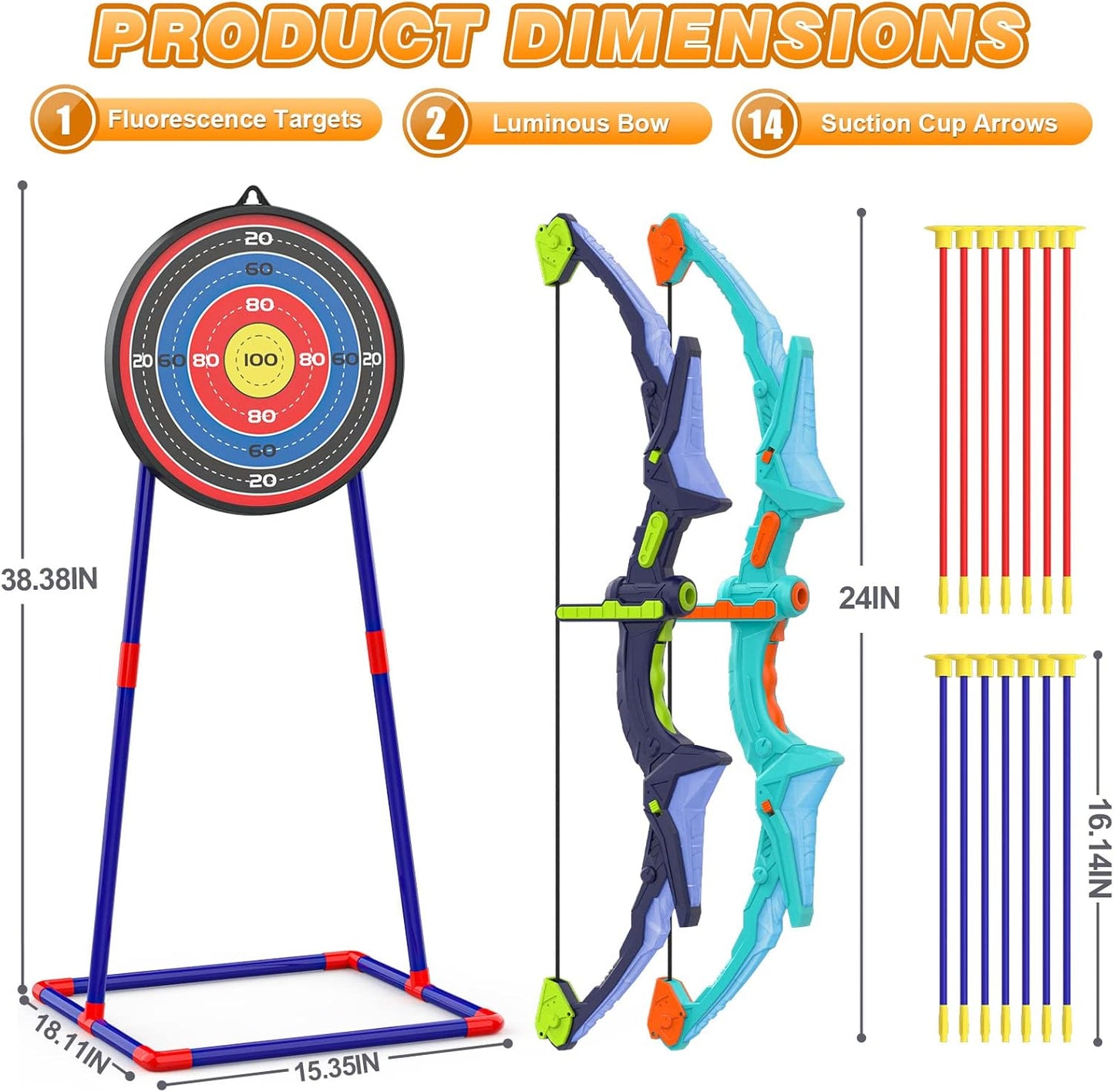 2 Pack Bow and Arrow Set for Kids, Light Up Archery Set with 14 Suctio