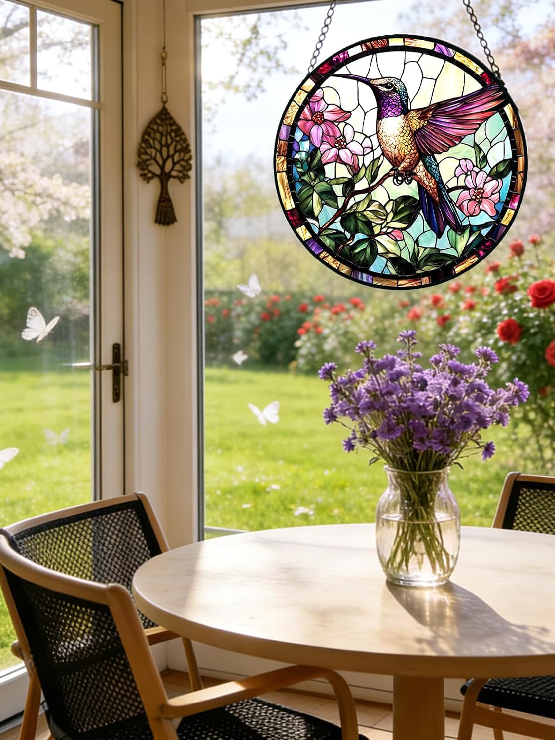Stained Glass Window Hanging, Hummingbird Suncatcher for Door Home Decor, Birds Flowers Sun Catcher Ornament Mother's Day Birthday Gifts for Bird Lovers Women Men Mom 6.3 in