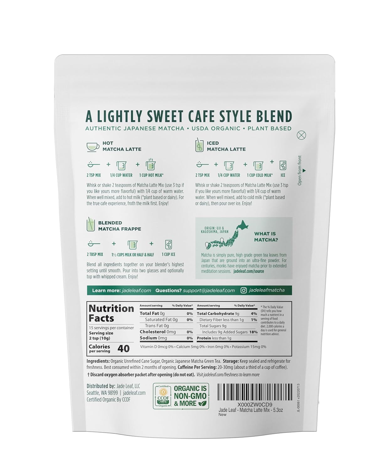Jade Leaf Matcha Organic Matcha Latte Mix - Lightly Sweet Japanese Matcha Green Tea Powder with Organic Cane Sugar for Café Style Blend, 5.3 Ounce / 150g (Pack of 1)