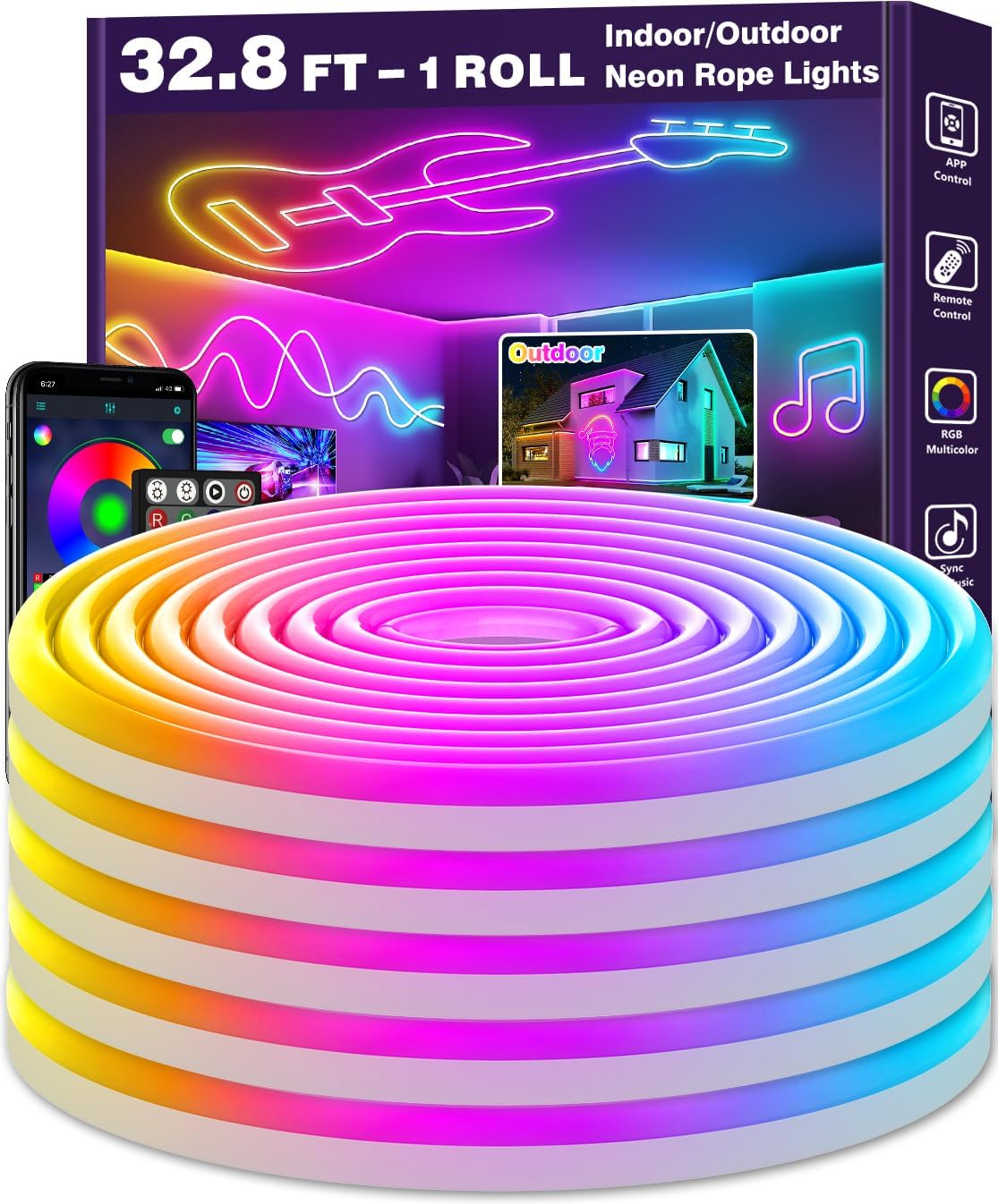 LETIANPAI 32.8Ft Neon Rope Lights,Flexible Led Rope Lights Control wit