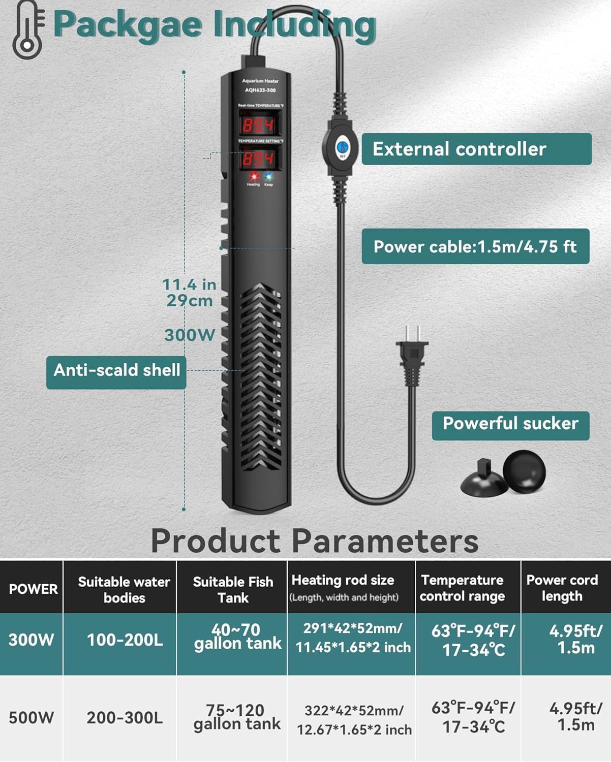 AHJ Aquarium Heater for 40-55-75 Gallon, 300W Submersible Fish Tank Wa