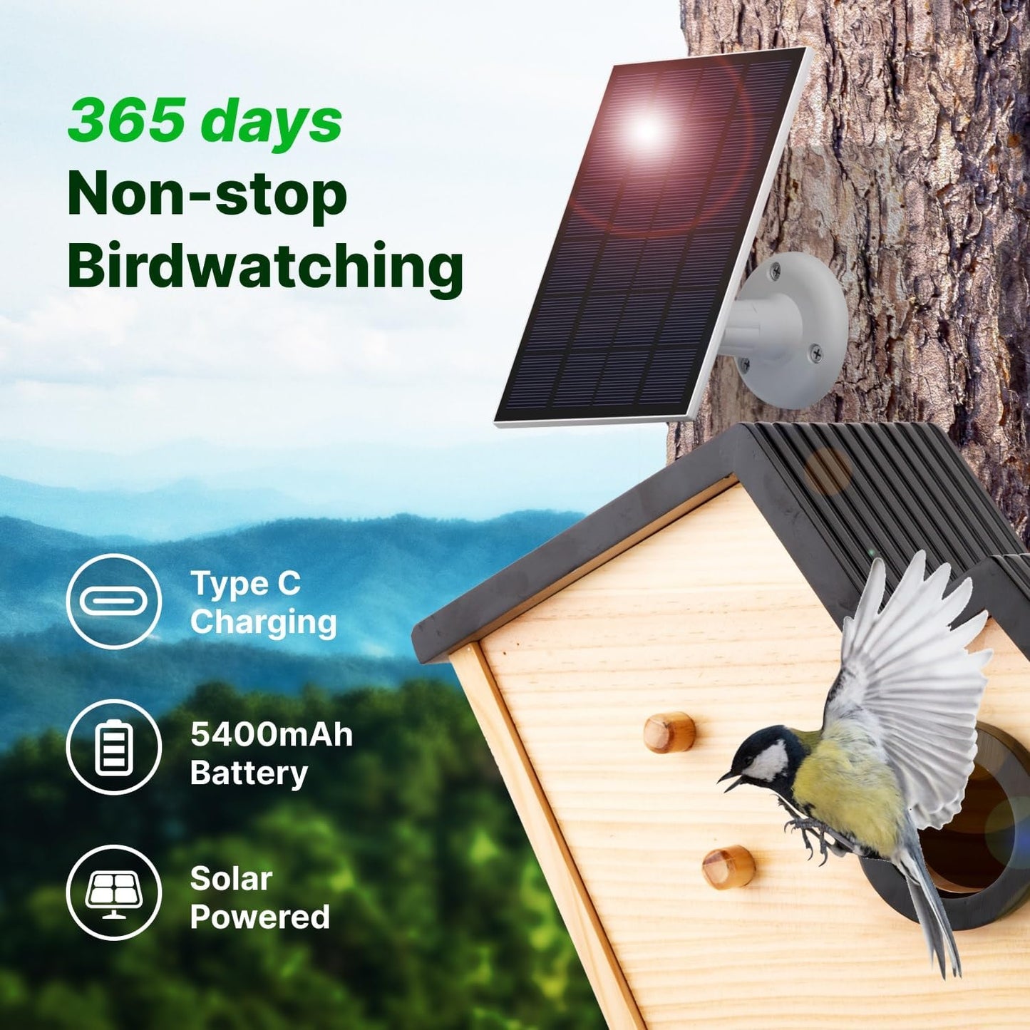 Smart Birdhouse with 2K HD Camera, Solar Powered & Battery, Night Visi