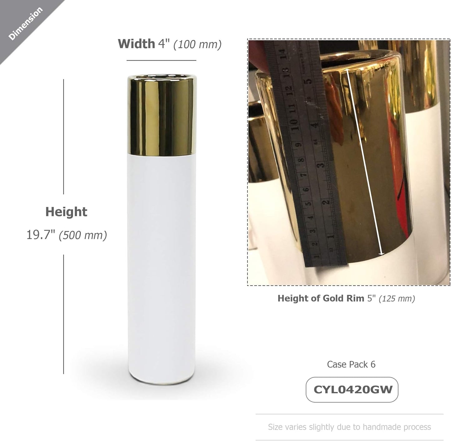 WGV Ceramic Cylinder Vase Width 4" Height 20" Elegant Unique Modern Matte Floral Container Planter Pot Centerpiece for Event Party Wedding Office Home Decor Gold White 1 Piece