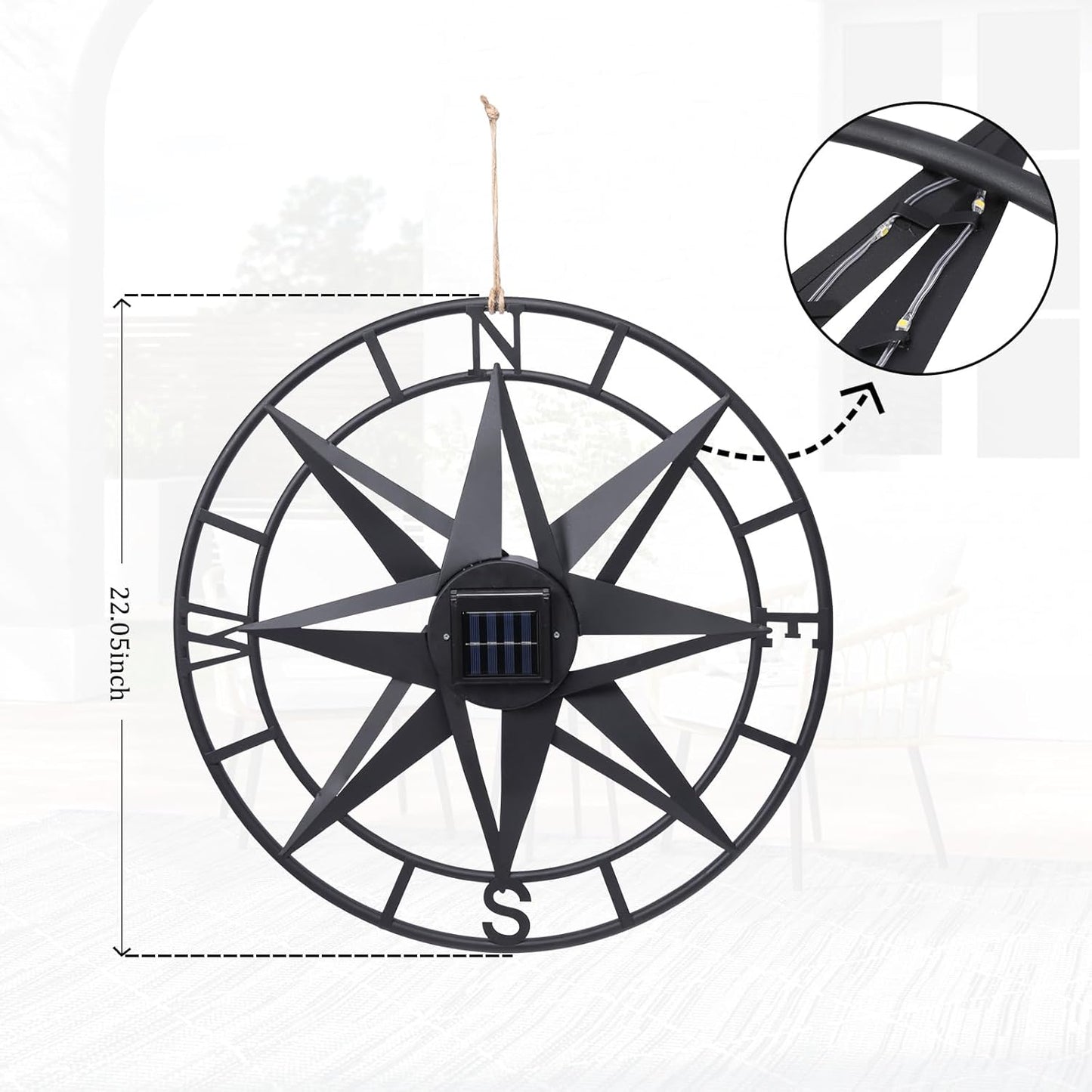 MUMTOP Metal Compass Wall Decor, 22 Inch Nautical Wall Sculpture with Solar Lights, Hanging Art for Farmhouse Indoor or Outdoor Sign