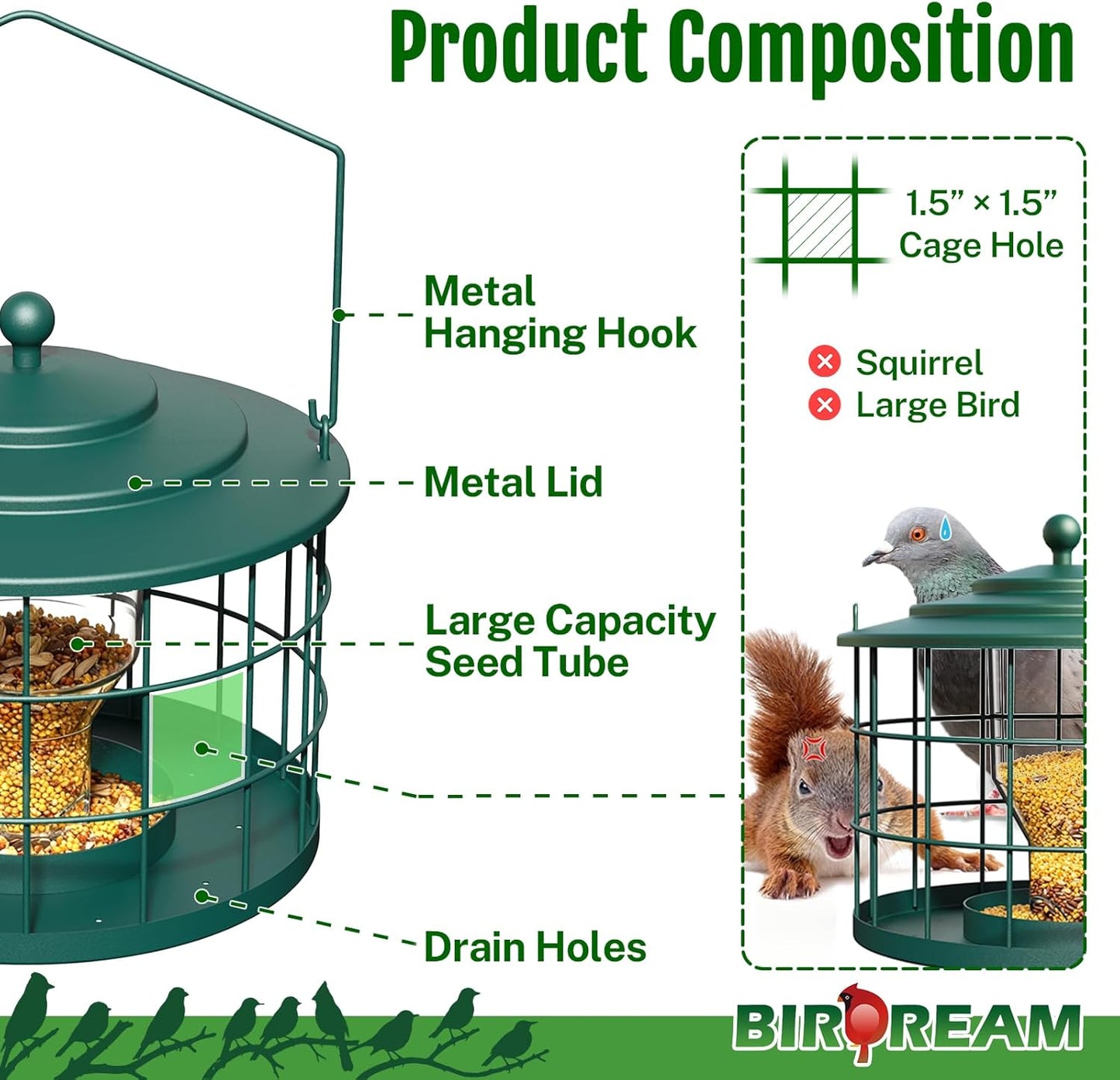 Squirrel Proof Bird Feeder, Metal Cage Bird Feeder for Outdoors Hangin