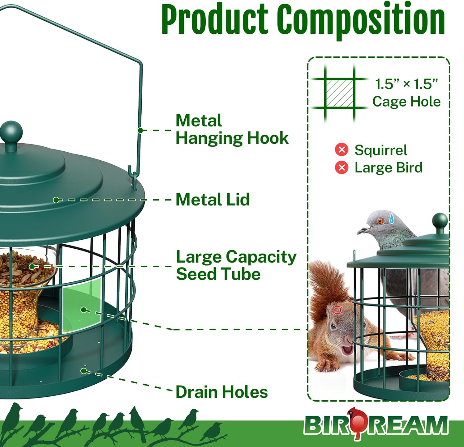 Squirrel Proof Bird Feeder, Metal Cage Bird Feeder for Outdoors Hangin