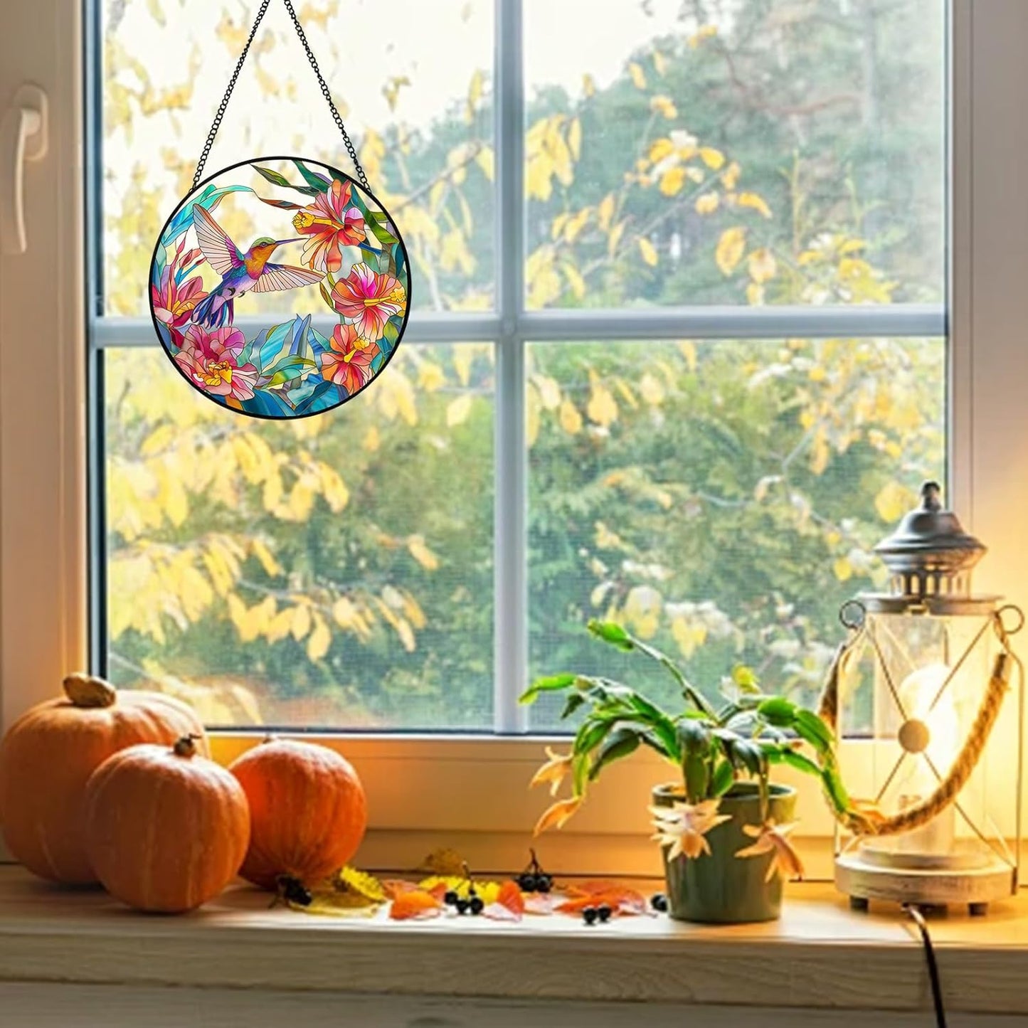 Hummingbird Stained Glass Suncatcher - 7.87" Real Glass Window Hanging with Metal Chain, for Indoor Outdoor Home Garden, Gift for Bird Lovers