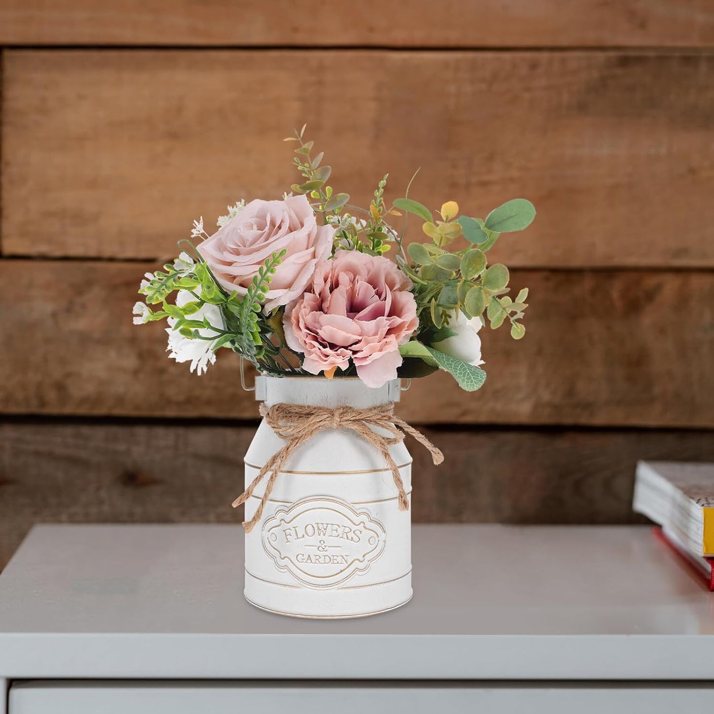 PRETYZOOM Vintage Iron Plant Bucket Flower Vase with Handle White Meta