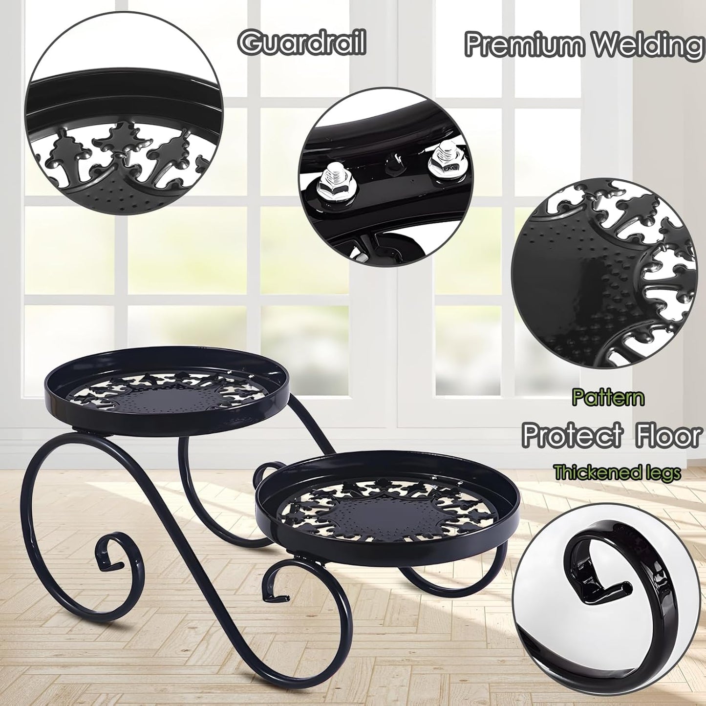 2 Tier Black Plant Stand, Metal Flower Stand Indoor Outdoor, Anti-Rust
