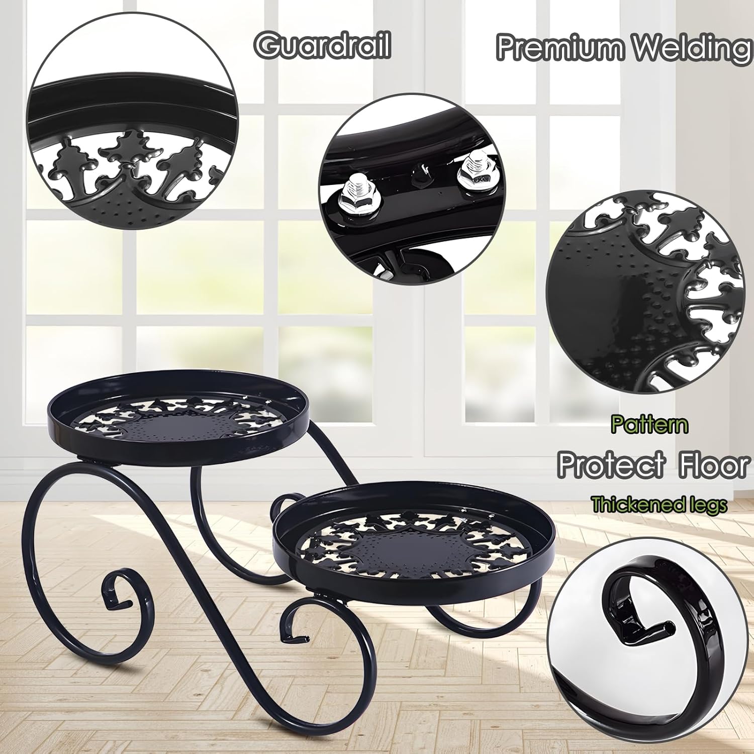 2 Tier Black Plant Stand, Metal Flower Stand Indoor Outdoor, Anti-Rust