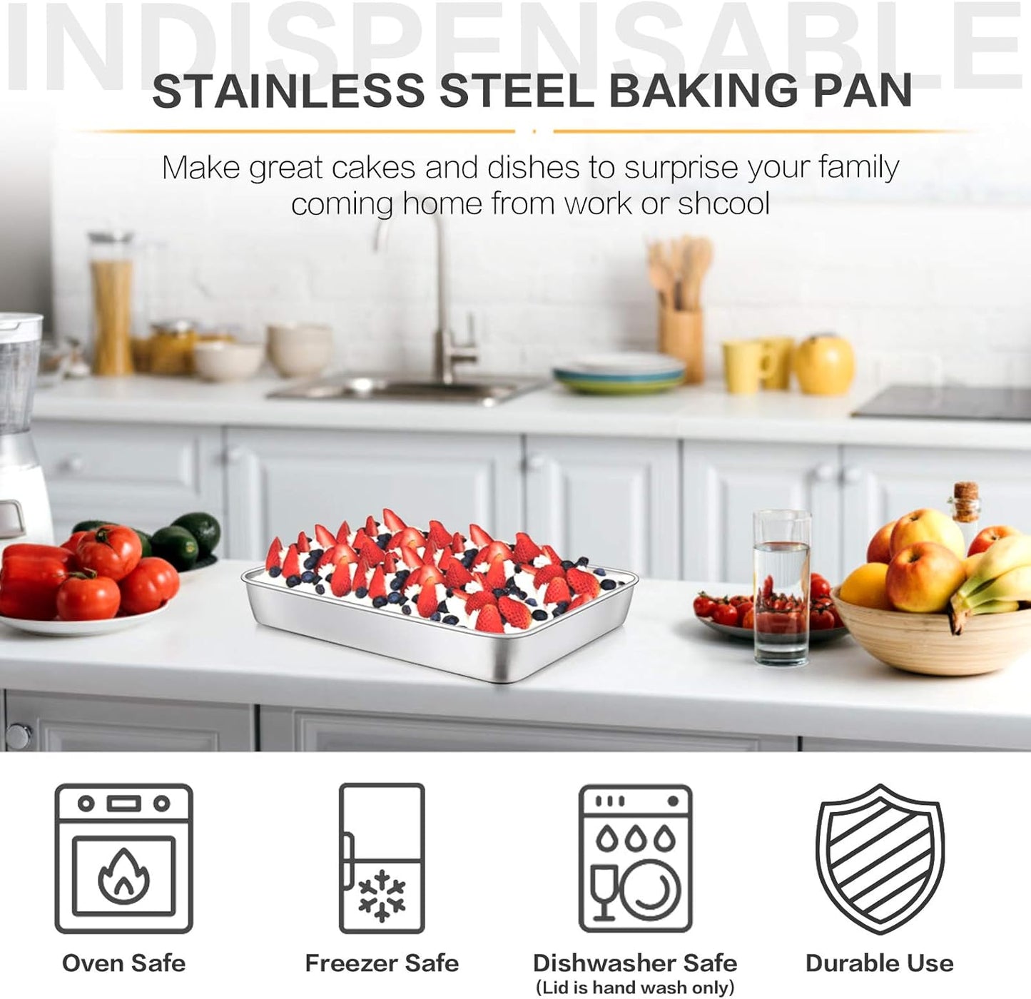E-far Stainless Steel Baking Pan with Lid, 12⅓ x 9¾ x 2 Inch Rectangle
