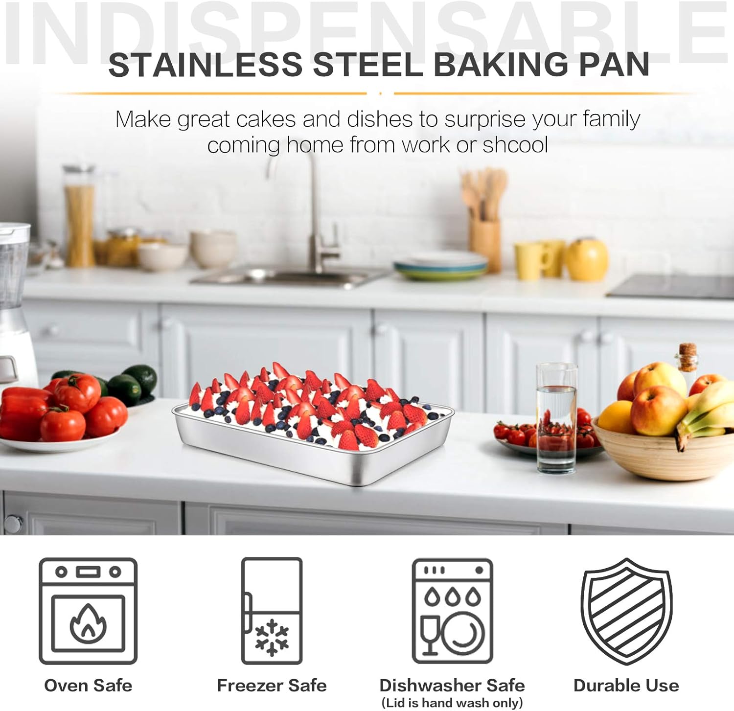 E-far Stainless Steel Baking Pan with Lid, 12⅓ x 9¾ x 2 Inch Rectangle