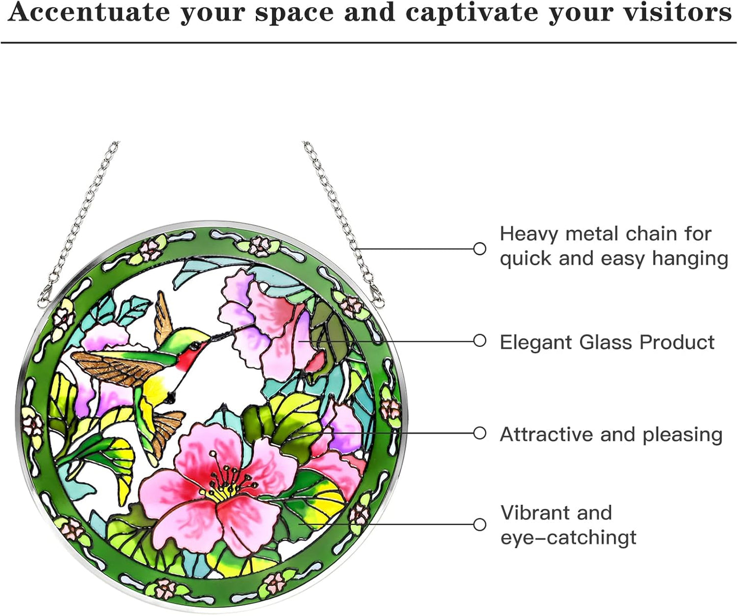 Hummingbird Sun Catcher - 100% Stained Glass Window Hanging, Indoor Window Decor, Suncatchers for Windows, Gifts for Women, Christmas (6.5 inch)