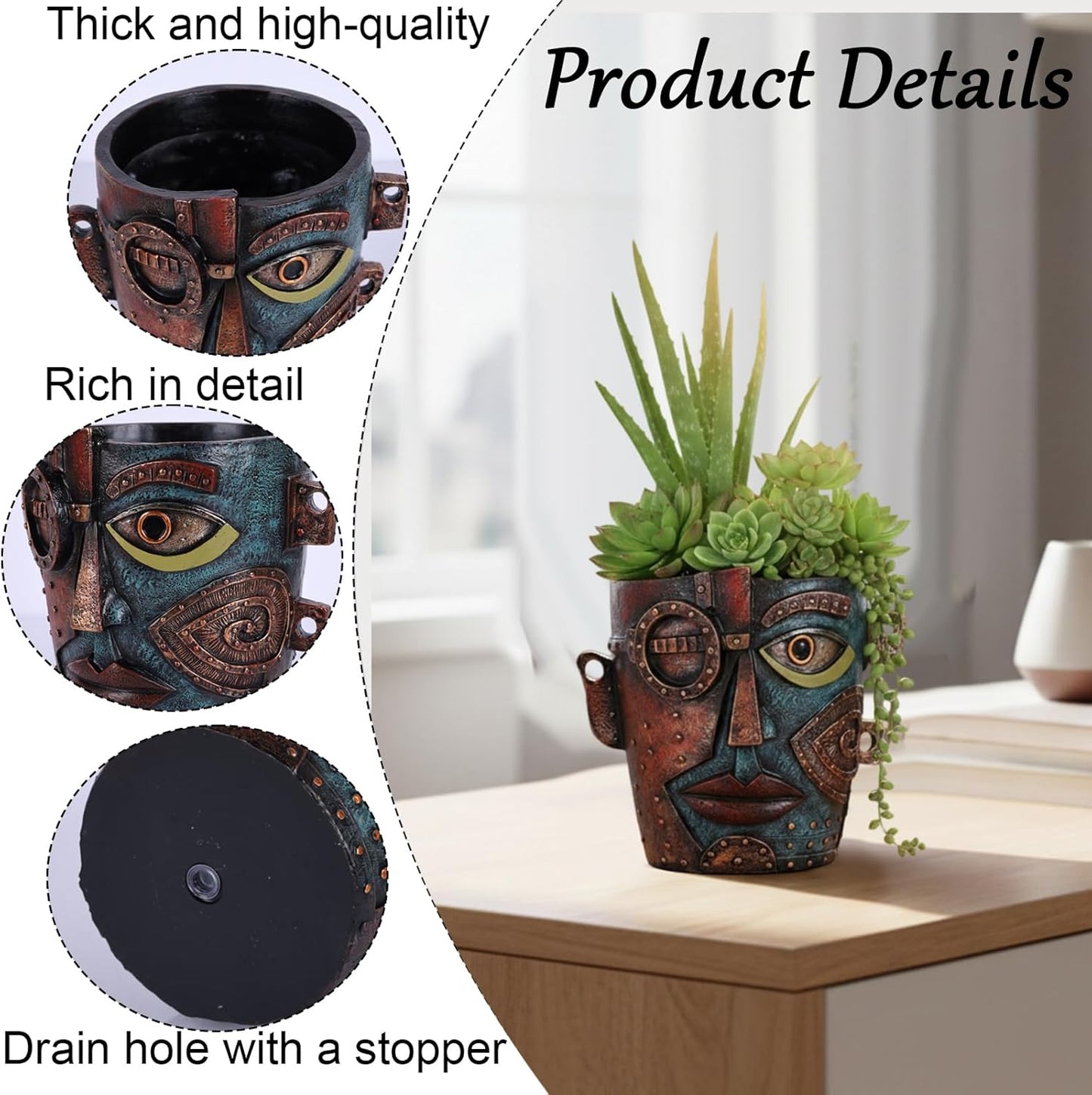 Abstract Face Planters Pots Head, Funny Head Planter Flower Pot with Drainage Hole Vintage Style Planter for Indoor Outdoor Garden Patio Home Office Decor and Home Art Decoration