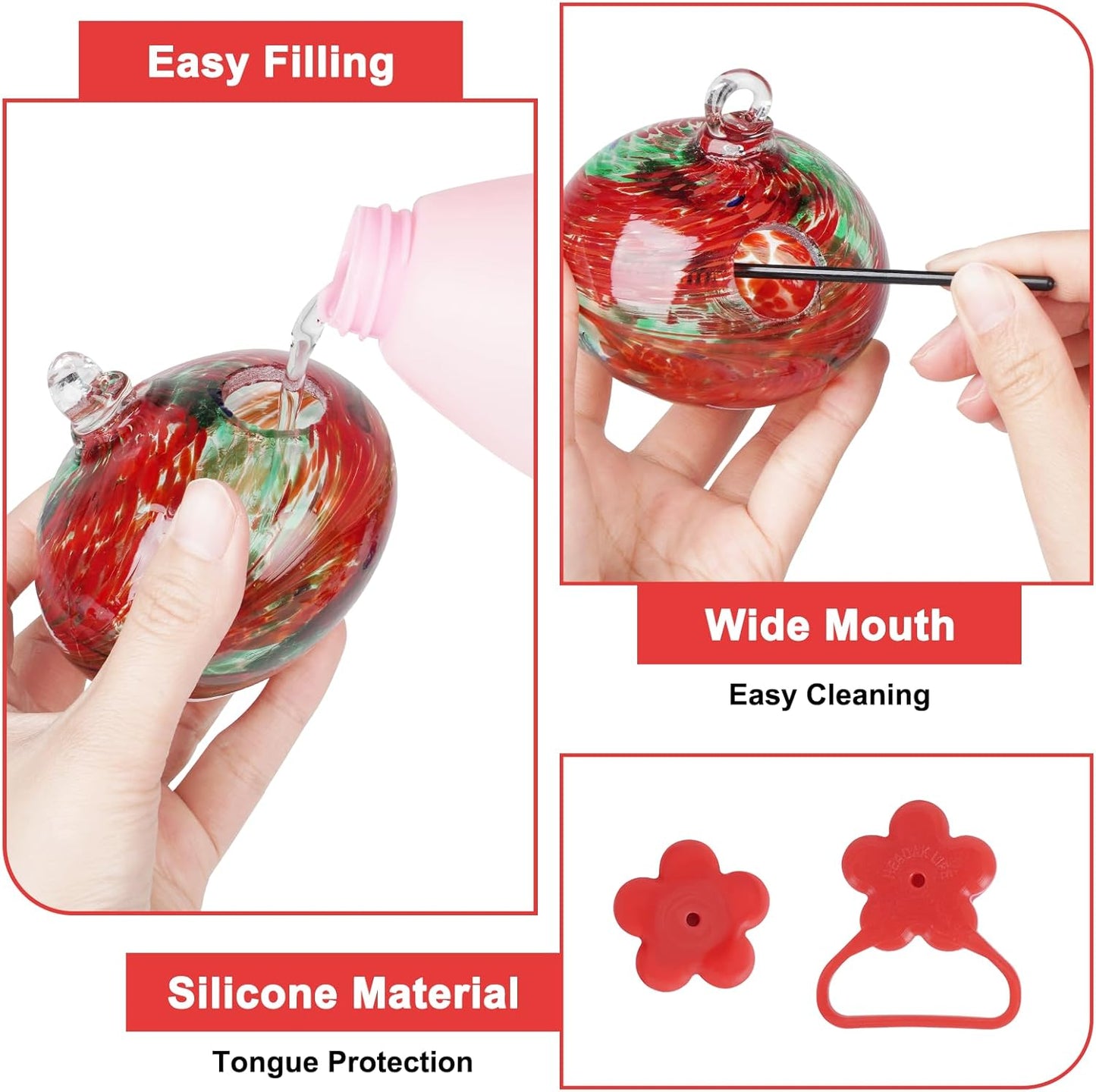 Wind Chimes Hummingbird Feeders for Outdoors Hanging(6 Feeding Stations) Hand Blow Glass Hummingbird Feeder with Shepherd Hook,Never Leak,Garden Decor for Outside(Phoenix Tail Red)