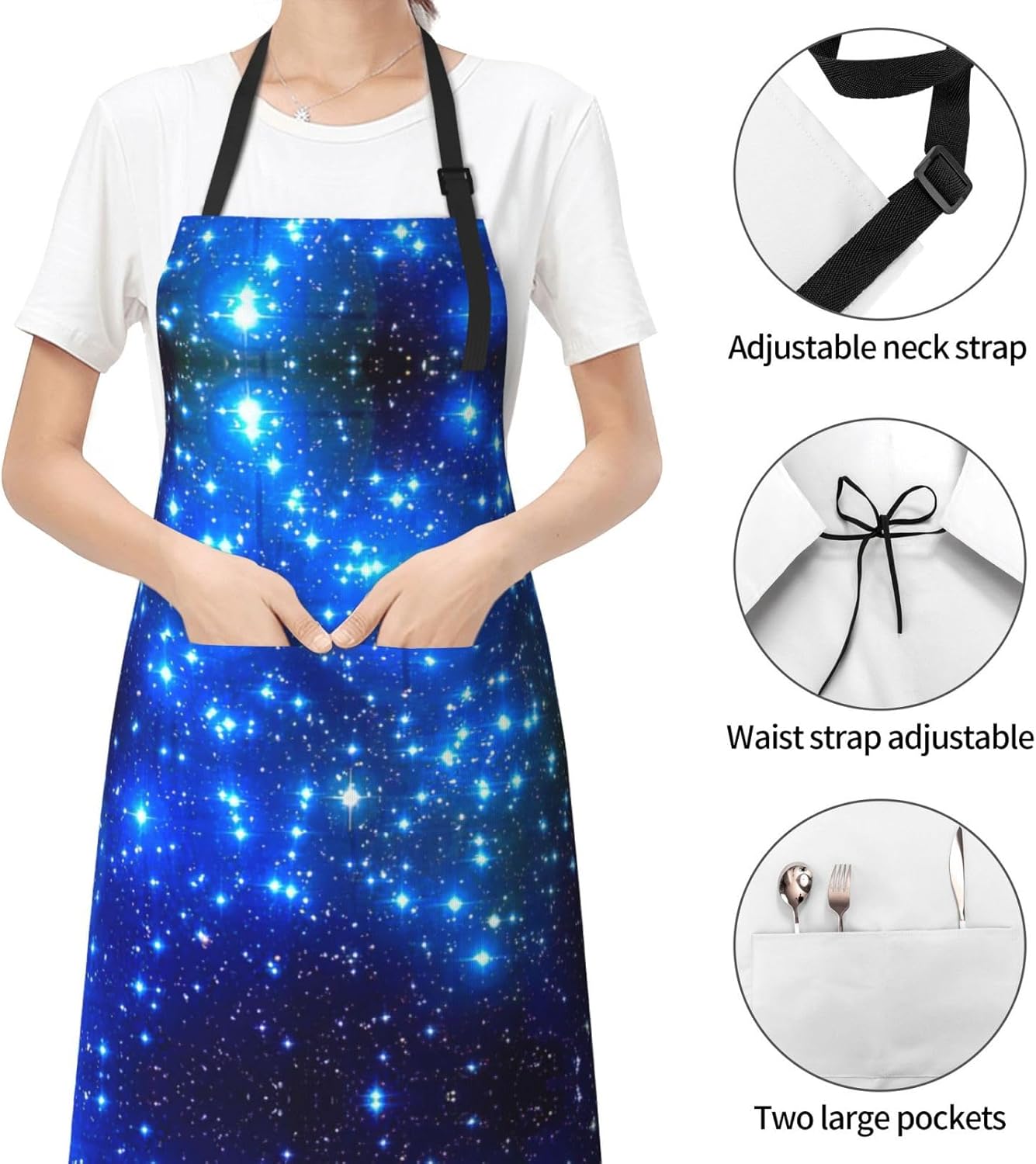 Blue Shining Stars Print 28x33 In Adult Kitchen Apron with Pockets Versatile Chef Smock for Cooking Baking