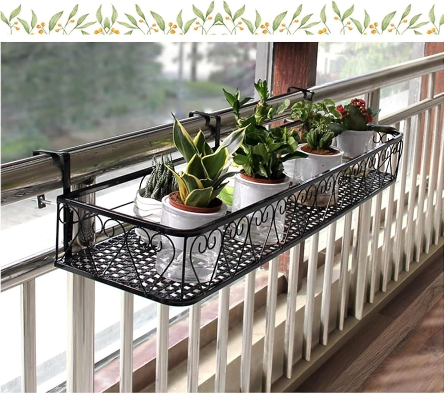 Black and White Railing Planter - Iron Fence Planters for Balcony, STO Rack Flower Pot Stand, Hanging Planter (25x80x12cm) - Durable Outdoor Decor