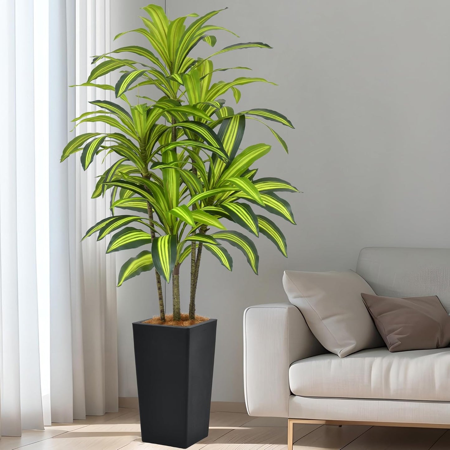 Artificial Dracaena Tree 5FT(60in) Tall Fake Silk Yucca Tree with Black Planter, Faux Floor Potted Artificial Plants for Home Office Living Room Indoor Decor (5feet,Tall Pot)