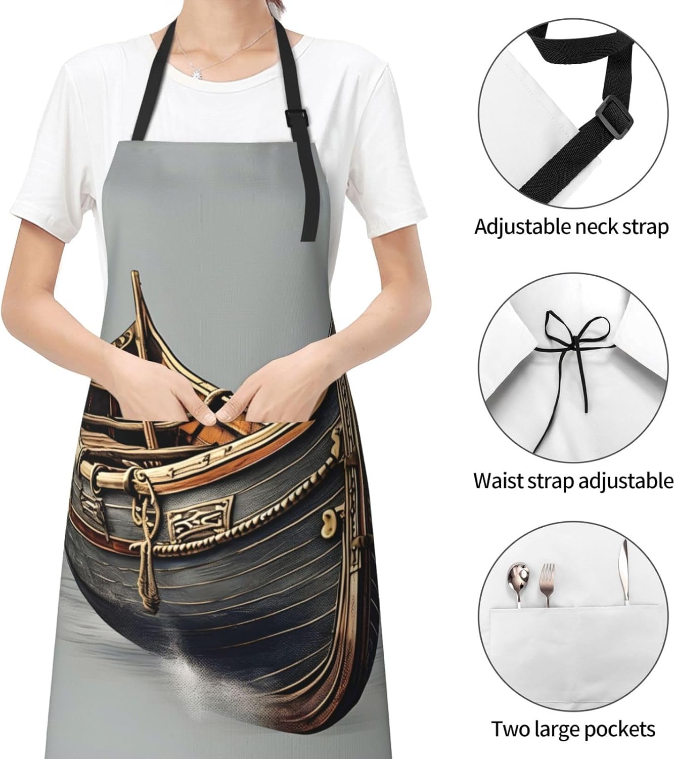 Old Viking Boats Print Laundry apron 28x33 In Waterproof Kitchen Apron with Pockets for Cooking Baking