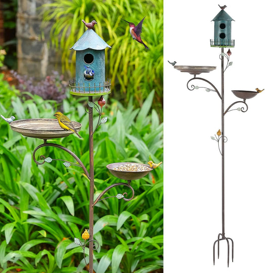 Metal Bird Bath Feeder and Houses for Outdoors, Birdbaths for Outside with 4-Prong Stake, 3 in 1 Free Standing with Blue House on Pole for Garden Patio Yard Lawn