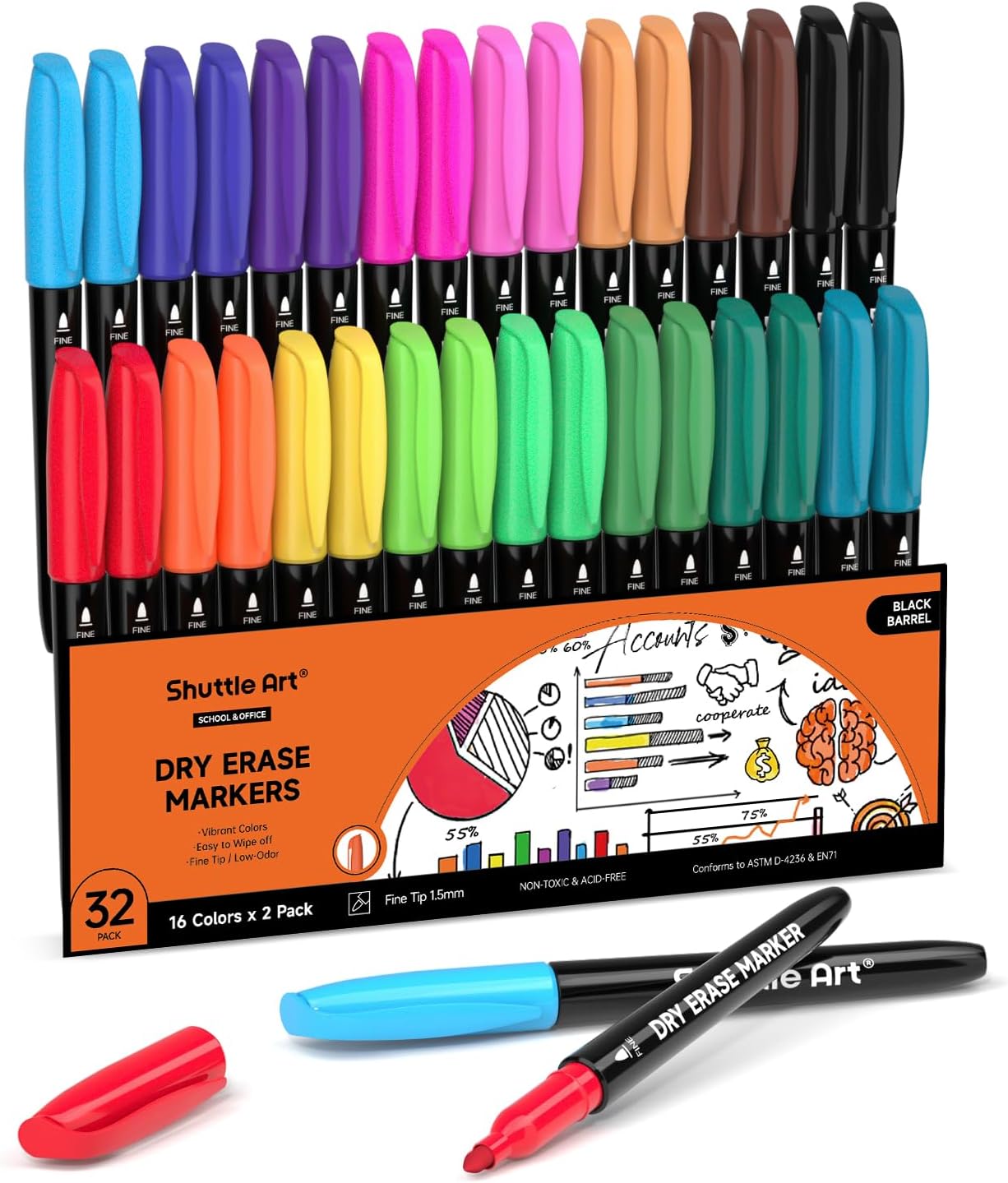 Shuttle Art Dry Erase Markers, 32 Pack 16 Colors Whiteboard Markers,Fi