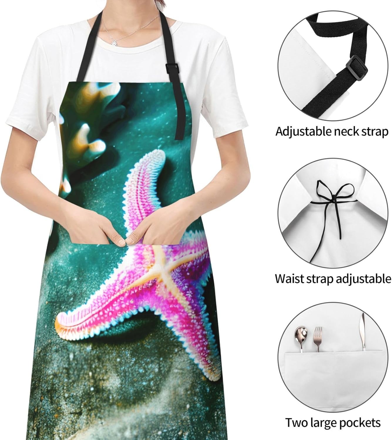 YANYU Sea Starfish Print 28x33 In Kitchen Apron Stylish Chef Apron with Pockets for Cooking Baking Painting