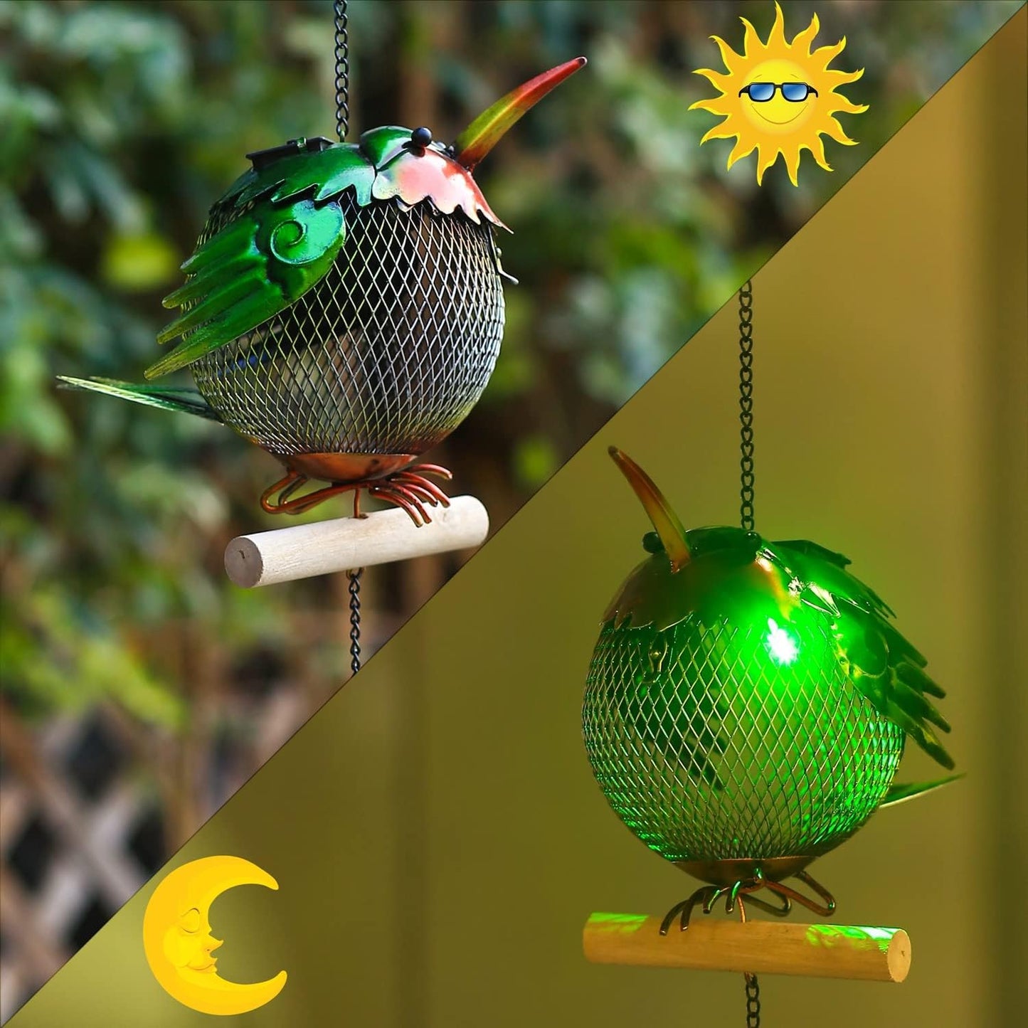 Solar Wild Bird Feeder Squirrel Proof for Outside - Unique Cute Metal Animal Shaped Bird Feeder with Solar Light, Wind Chime, Gift for Bird Lovers(Hummingbird)