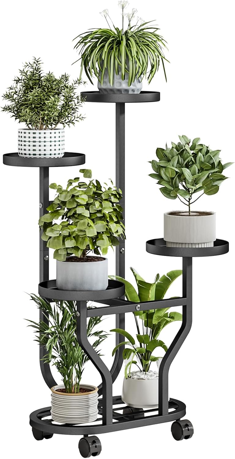 Plant Stand Indoor Outdoor 4 Tier Flower Holder with Wheels Metal Plan
