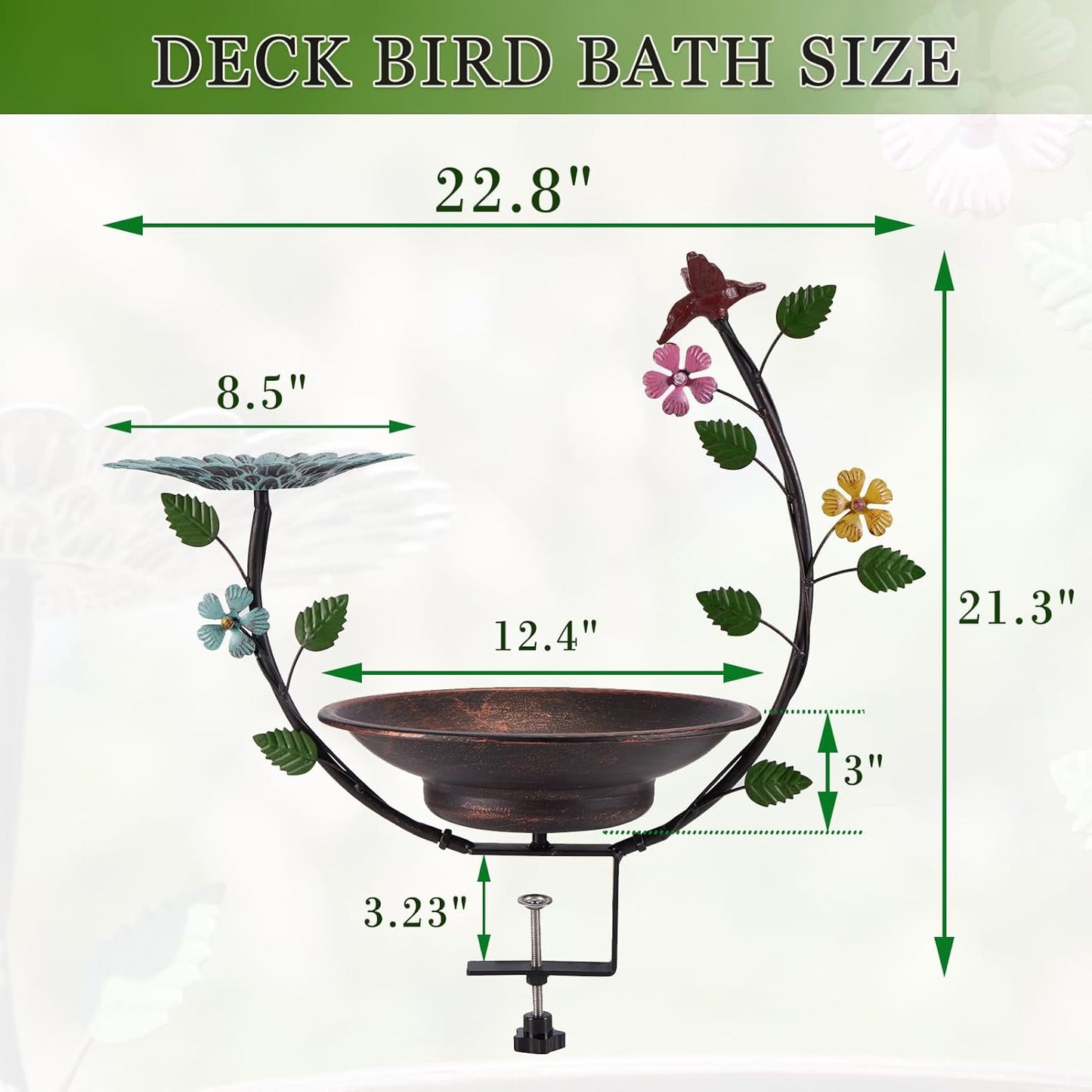 Solar Bird Bath,Deck Bird Bath with Solar Fountain,Metal Bird Bath Bubbler,Deck Mounted Bird Bath and Bird Feeder,Balcony Bird Bath,with Adjustable Heavy Duty Clamp for Patio Porch Garden