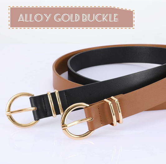 VONMELLI 2 Pack Women's Leather Belts for Jeans Dresses Fashion Gold B