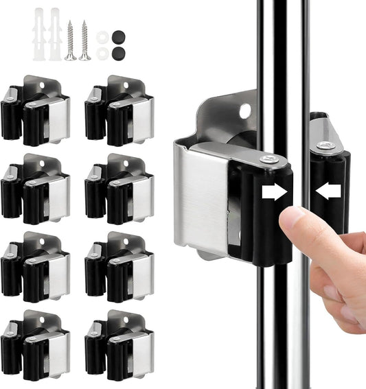 8 Pack Mop and Broom Holder Wall Mount, Heavy Duty Broom and Mop Organizer Wall Hanging Command Broom Holder with Screws, Mop Hanger for Kitchen Laundry Garden Tool Organizer